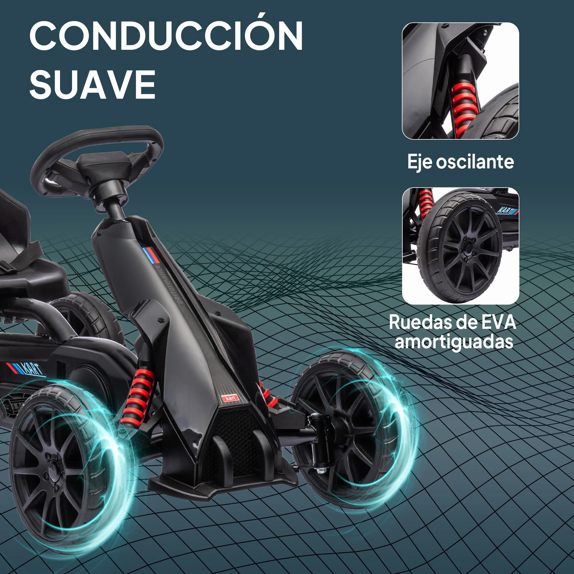 HOMCOM Kart Pedales Go Kart a Pedales para Niños de 3-8 Años con Asiento Ajustable en 4 Posiciones Freno de Mano Ruedas de EVA y Marco Metálico Carga 30 kg Negro