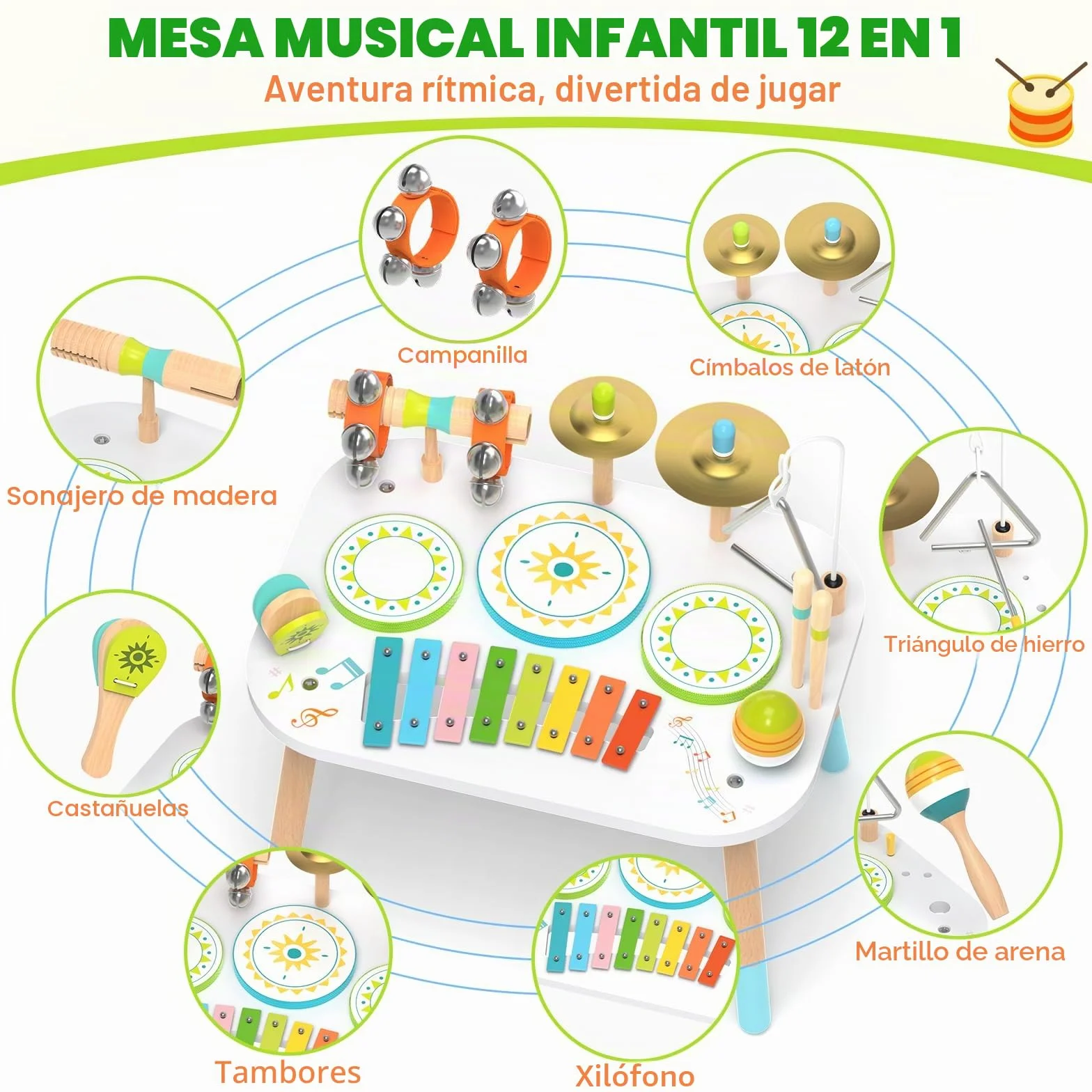 Batería 12‑en‑1 para Niños 1‑3 Años, Mesa Instrumentos Musicales Bebé, Juguetes Madera Montessori con Xilófono, Bongos, Platillo, Maracas & Cascabeles de Muñeca, Regalo Cumpleaños Niño Niña 1 2 3 Años