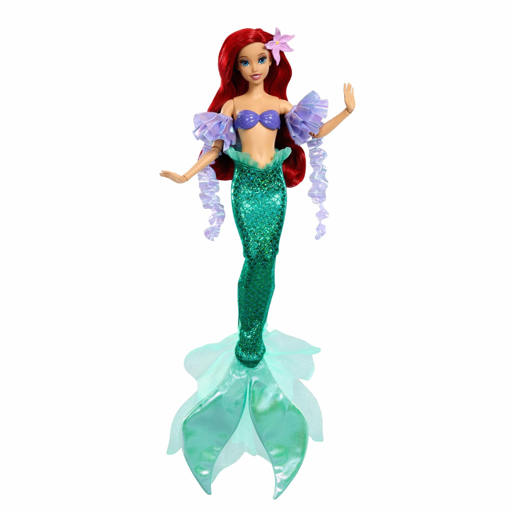 Mattel Disney Princesas Sparkling Princess Ariel Muñeca y Accesorio con Cola extraíble, Mangas y Pasador para el Pelo con Flor, Inspirada en la película, JLK25