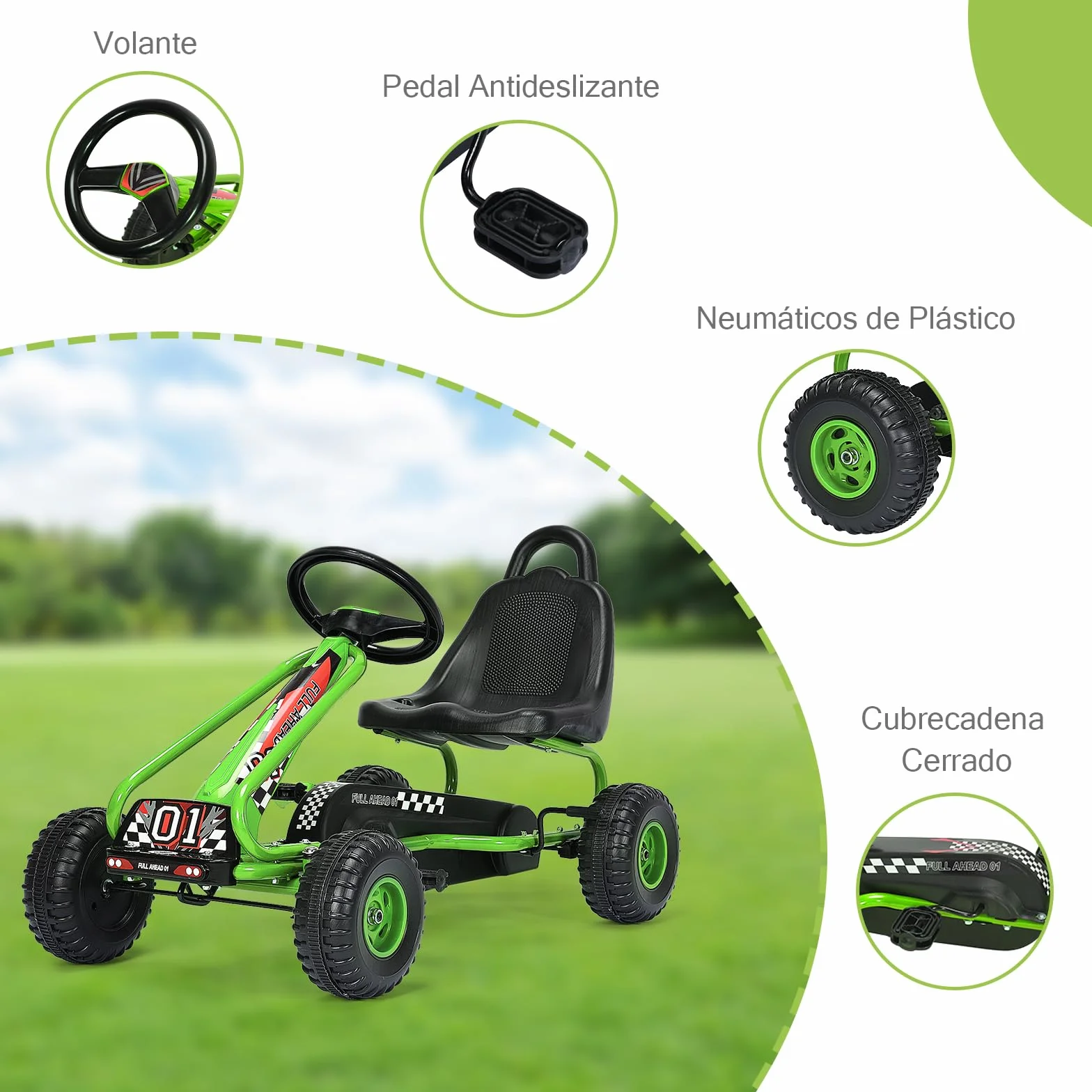 RELAX4LIFE Go Kart para Niños Con Freno de Mano y Asiento Ajustable, Coche de Pedales Con Ruedas Antideslizantes, 3-6 Años, Regalo, Carga 30kg (Verde)