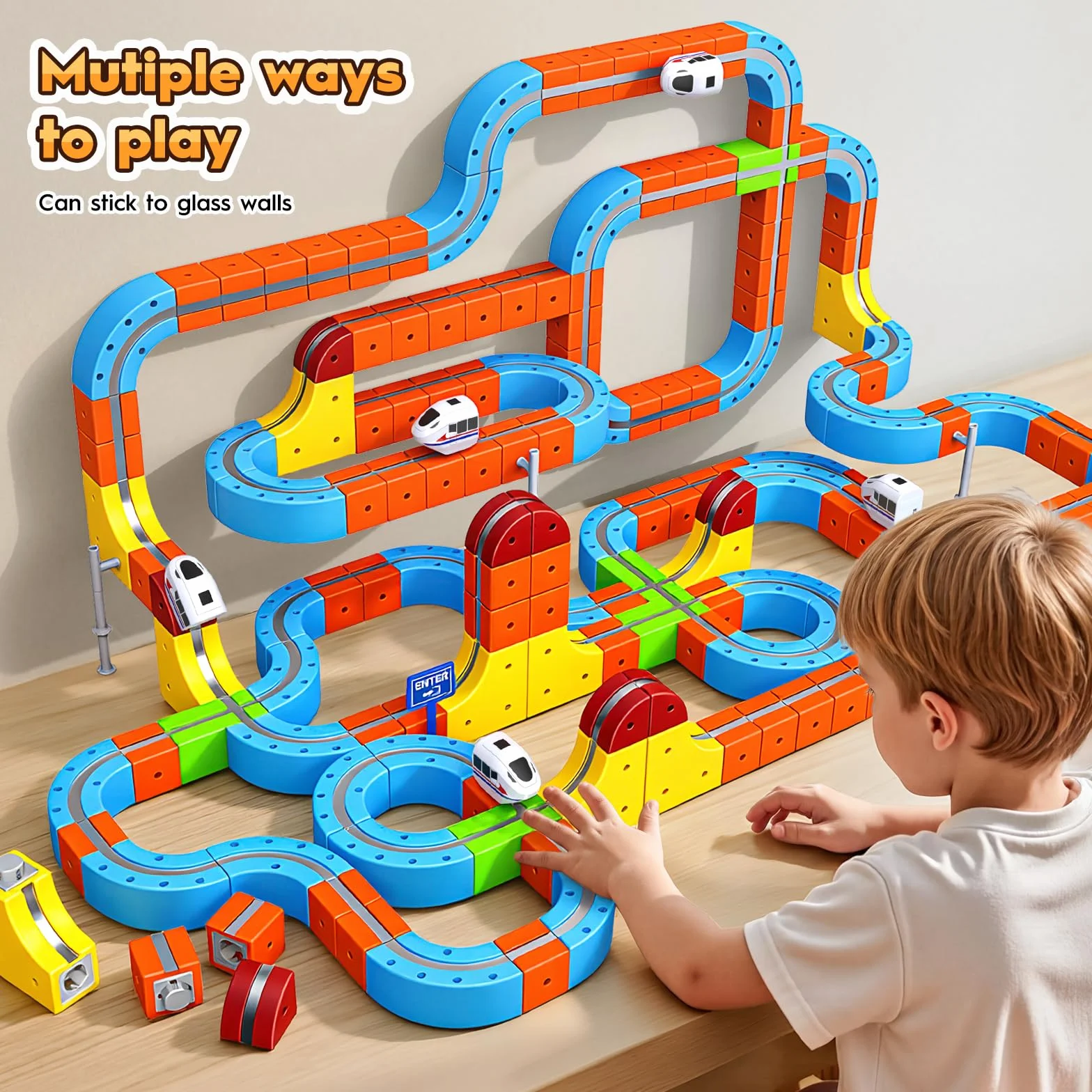 80 Piezas Tren Electrico Juguete Niños, DIY Cube Track Regalo Niño Niña 3 4 5 6 7 8 Años Cubos 3D Tren Magnetico Eléctrico Juguetes Niño 3-8 Años