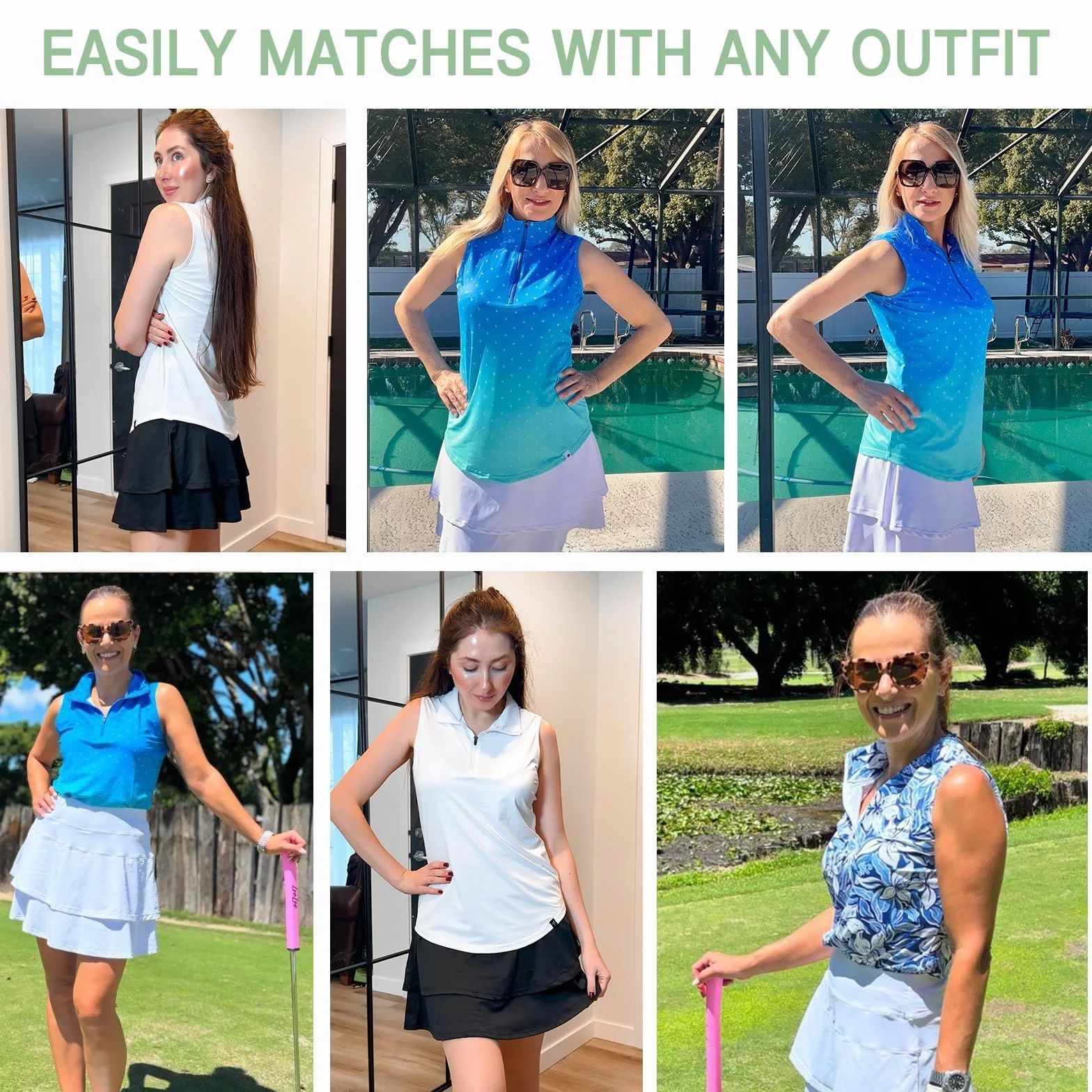 Soneven Polo deportivo para mujer transpirable sin mangas camiseta golf funcional cremallera 1/4 verano tenis