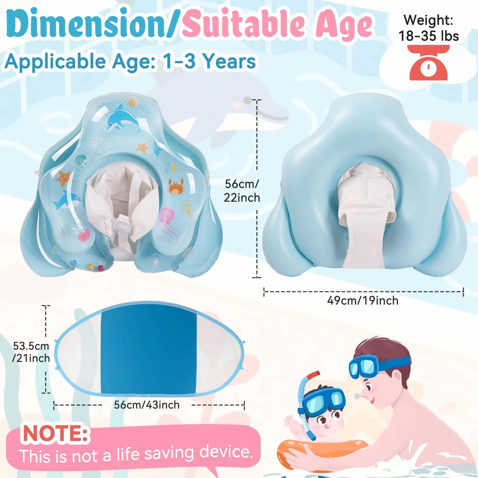 Ninonly Flotador Bebe con Sombrilla UV UPF 50+ Inflable Protección Solar Antivuelco Piscina Bebe Asiento Respaldo 12-36 Meses