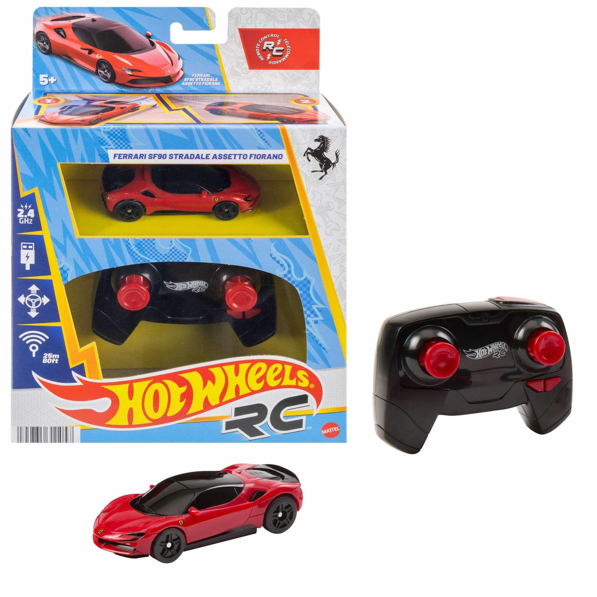 Hot Wheels RC Ferrari SF90 Stradale Assetto Fiorano Coche de Juguete teledirigido a Escala 1:64, Corre Dentro y Fuera de la Pista, botón de aceleración para Aumentar la Velocidad, JGD09