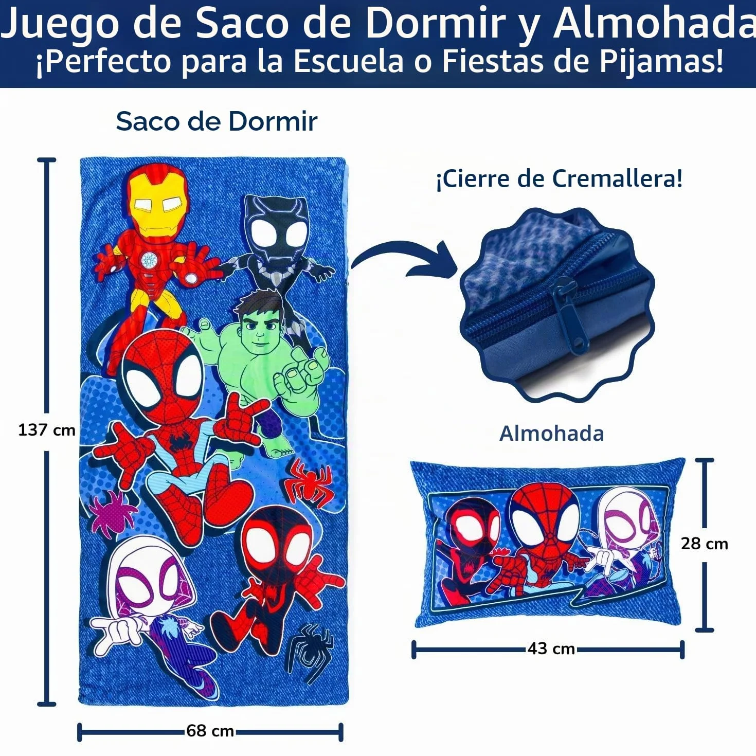 Set de 2 con Almohada y Manta de superhéroes Marvel, Suave Saco de Dormir Infantil con Bolsa y Almohada, para Fiestas de Pijamas, Viajes y acampadas