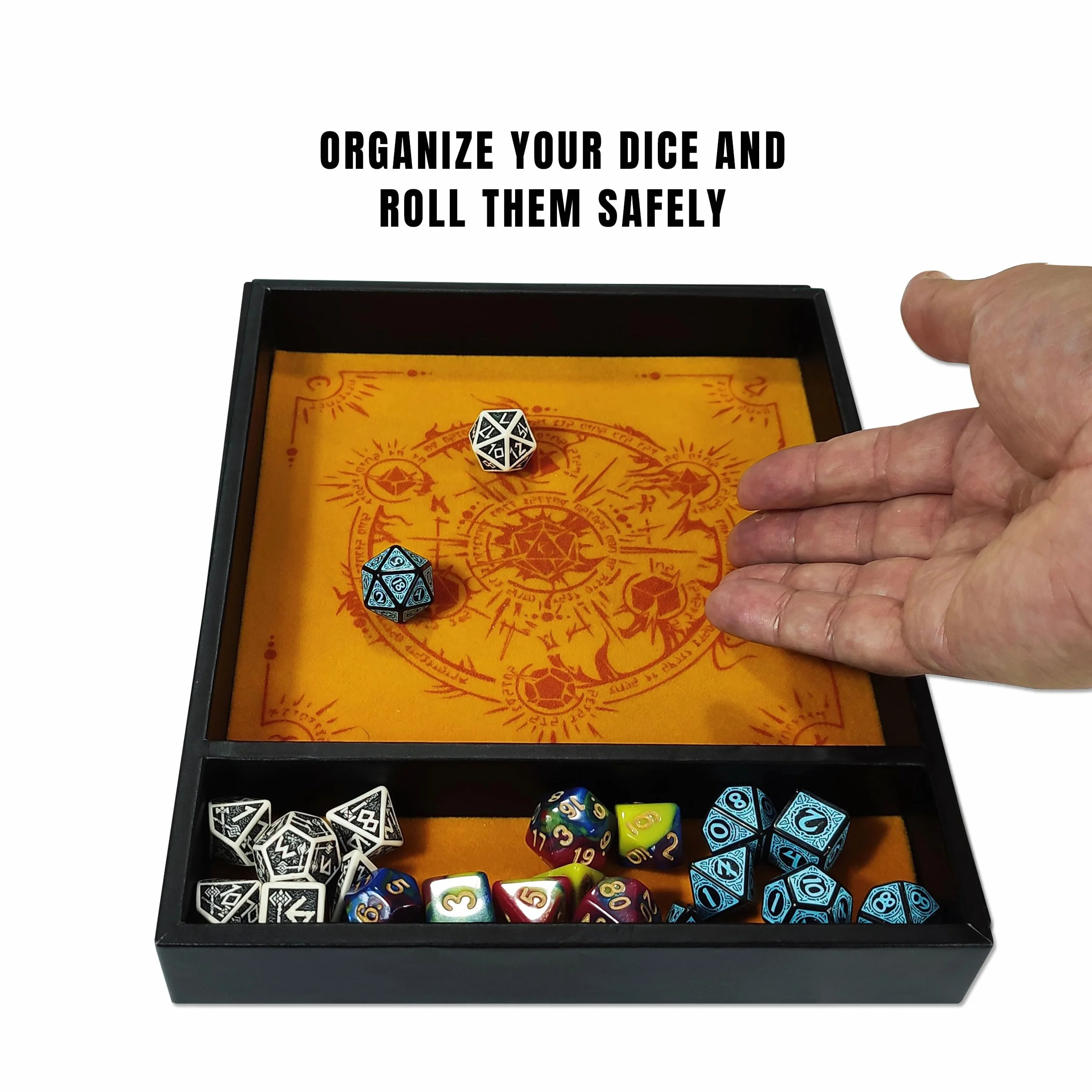 Bandeja Dados Rectangular 'Critical Roll', Fabricada con Polipiel y Terciopelo, Zona de Almacenamiento, DISEÑO Exclusivo y Compatible con Cualquier Juego de Mesa y rol (Amarillo)