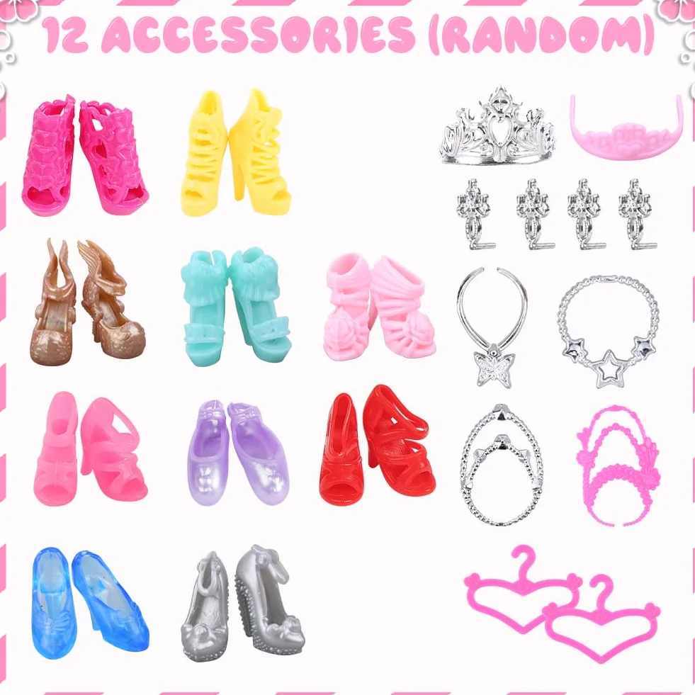 Vicloon 32 Piezas Ropa y Accesorios para Muñecas, 10 Zapatos, 2 Vestidos de Fiesta, 2 Tops, 2 Pantalones, 2 Vestidos de Moda, 2 Juegos de Trajes de Baño, Bikini, 8 Accesorios de Joyería, 4 Perchas