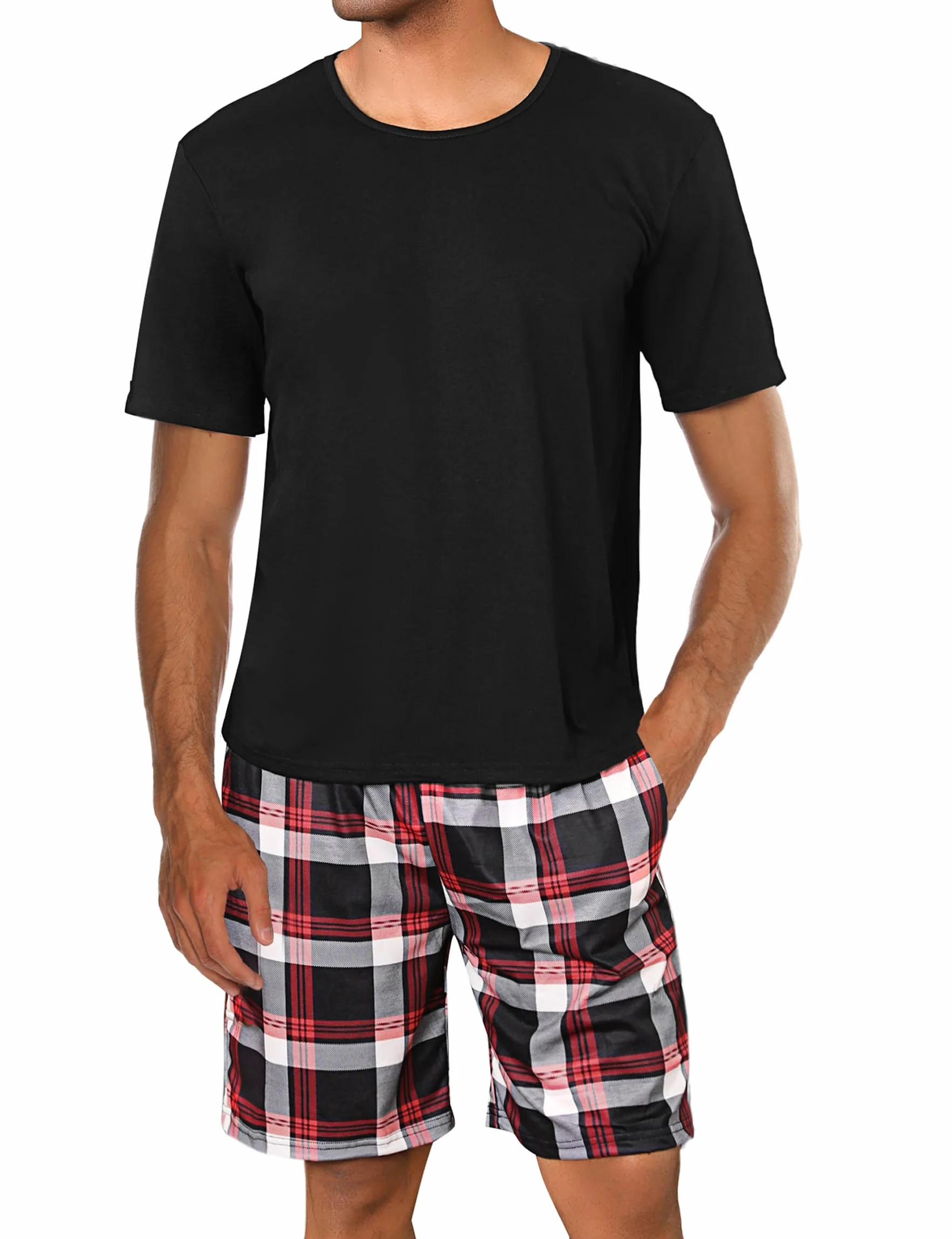 Uniexcosm Pijama Hombre Corto Algodón Cuadros 2 Piezas Cuello Redondo con Bolsillo