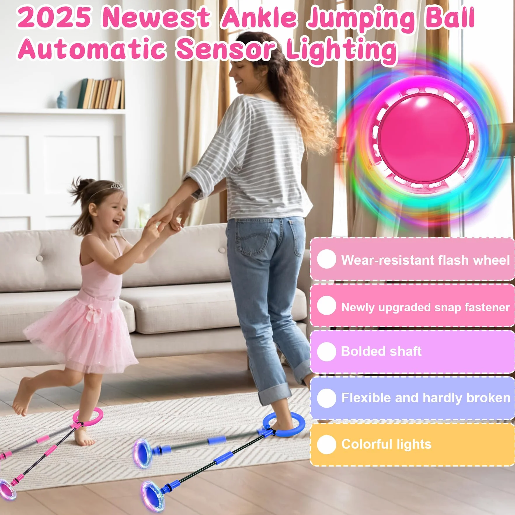 TZEKING Bola de Salto de Tobillo Intermitente Plegable Colorida con Conteo de Tiempo (Rosa)