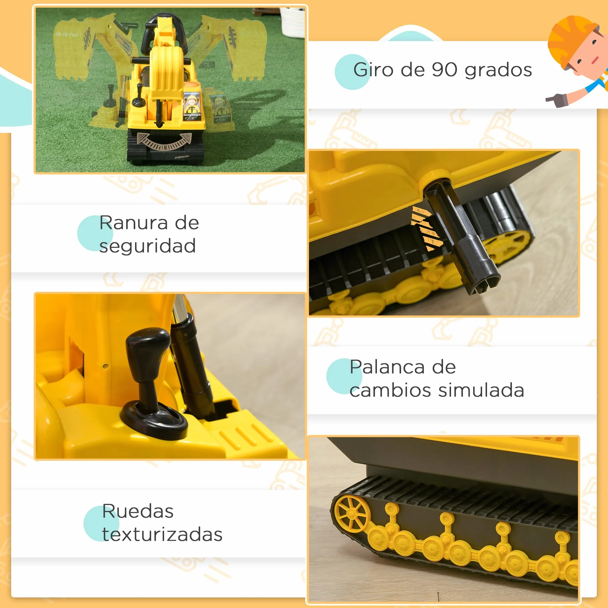 HOMCOM Excavadora sin Pedales para Niños de 18-48 Meses Excavadora Correpasillos Camión de Construcción con Asiento de Almacenamiento Pala Delantera y Bocina Carga 30 kg 78x24x58,5 cm Amarillo