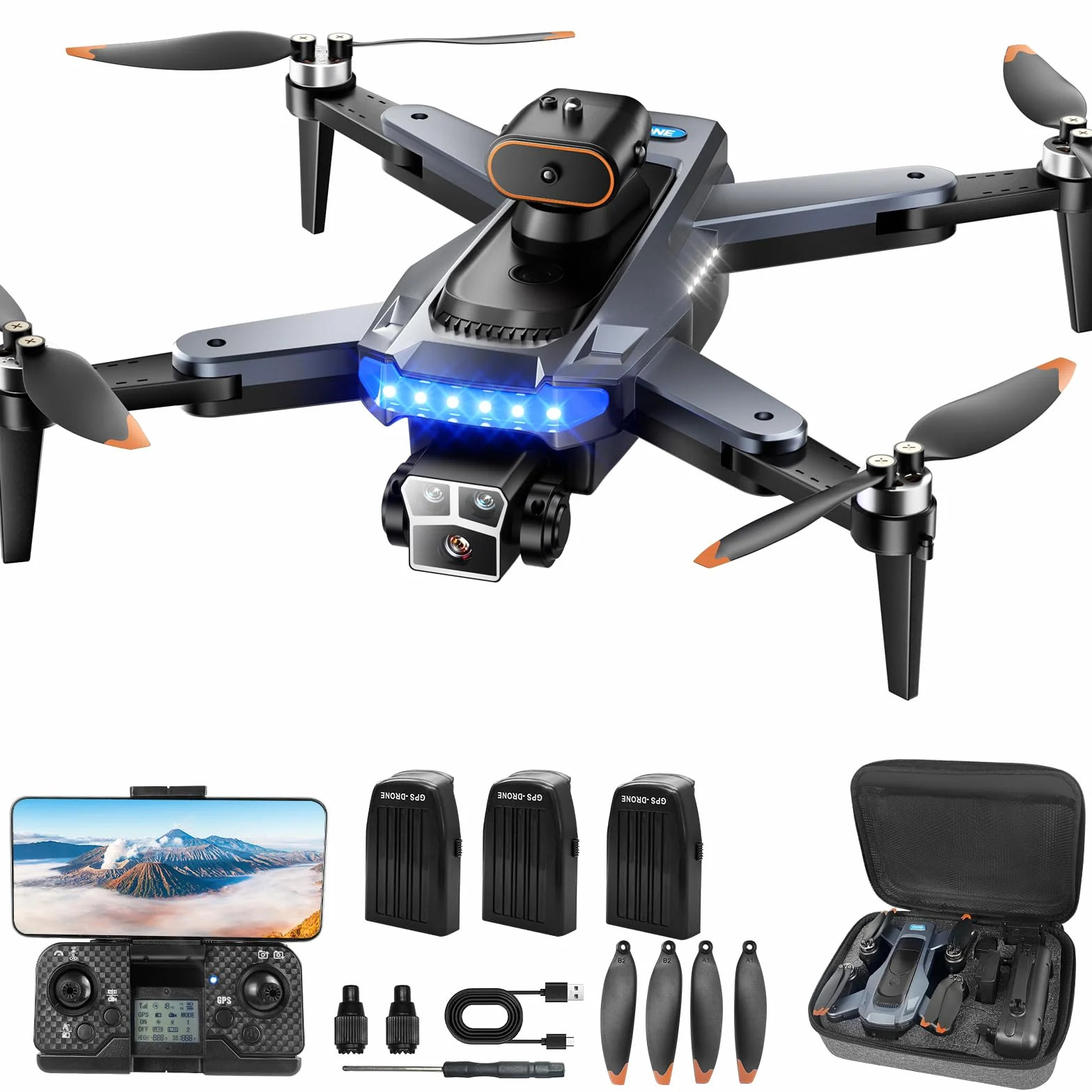 Dron con Cámara 4K GPS Motor Sin Escobillas 54 Min Vuelo 3 Baterías Plegable <249g Negro