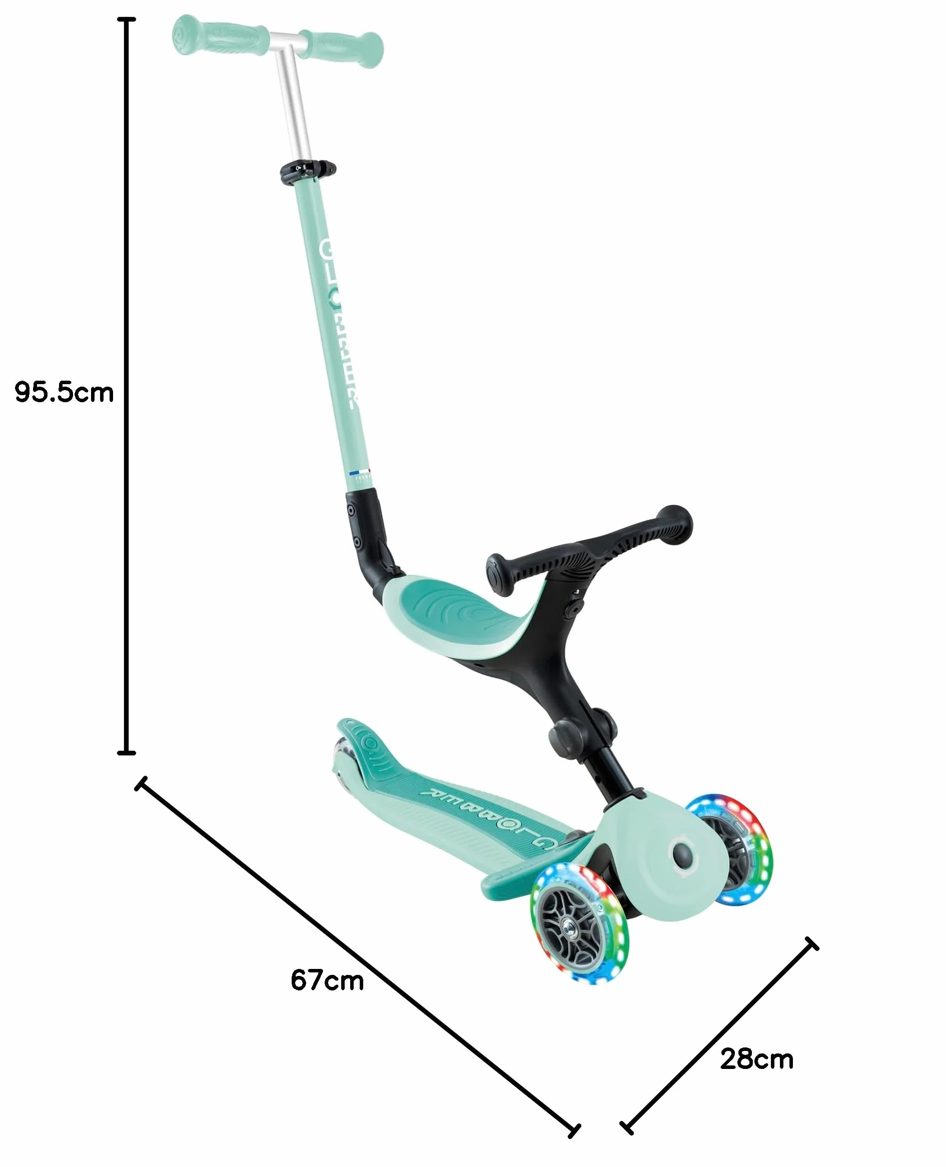 Globber GO UP Active Luces, Patinete evolutivo de 3 Ruedas con Luces para niños de 15 Meses a 9 años, Verde Menta
