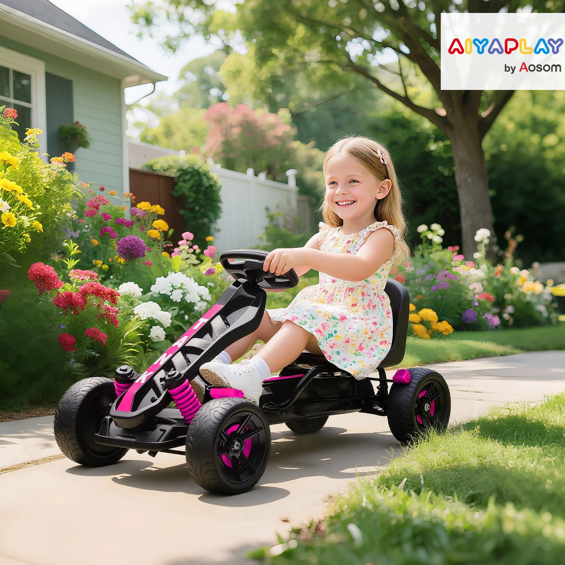 AIYAPLAY Kart a pedales para niños, karting infantil con embrague automático, freno, ruedas de EVA antideslizantes, avanzar y retroceder, coche a pedales para niños de 3 a 6 años, rosa