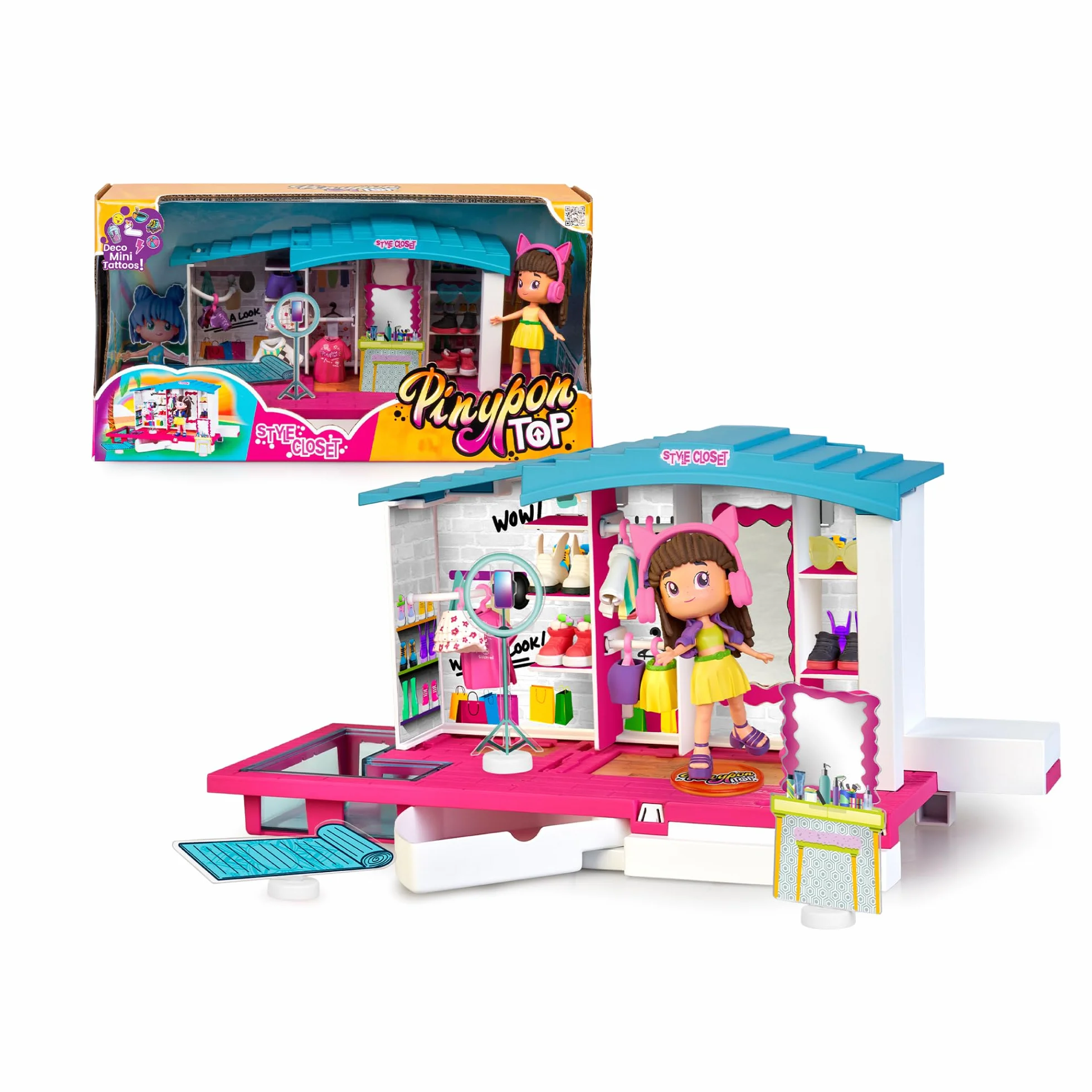Pinypon Top Style Closet, Vestidor con Ropa, Zapatos y Accesorios para Crear Outfits, Incluye Figura Articulada de Brazos y Piernas con Doble Cara y Decoración, +4 años, Famosa (PNN04000)