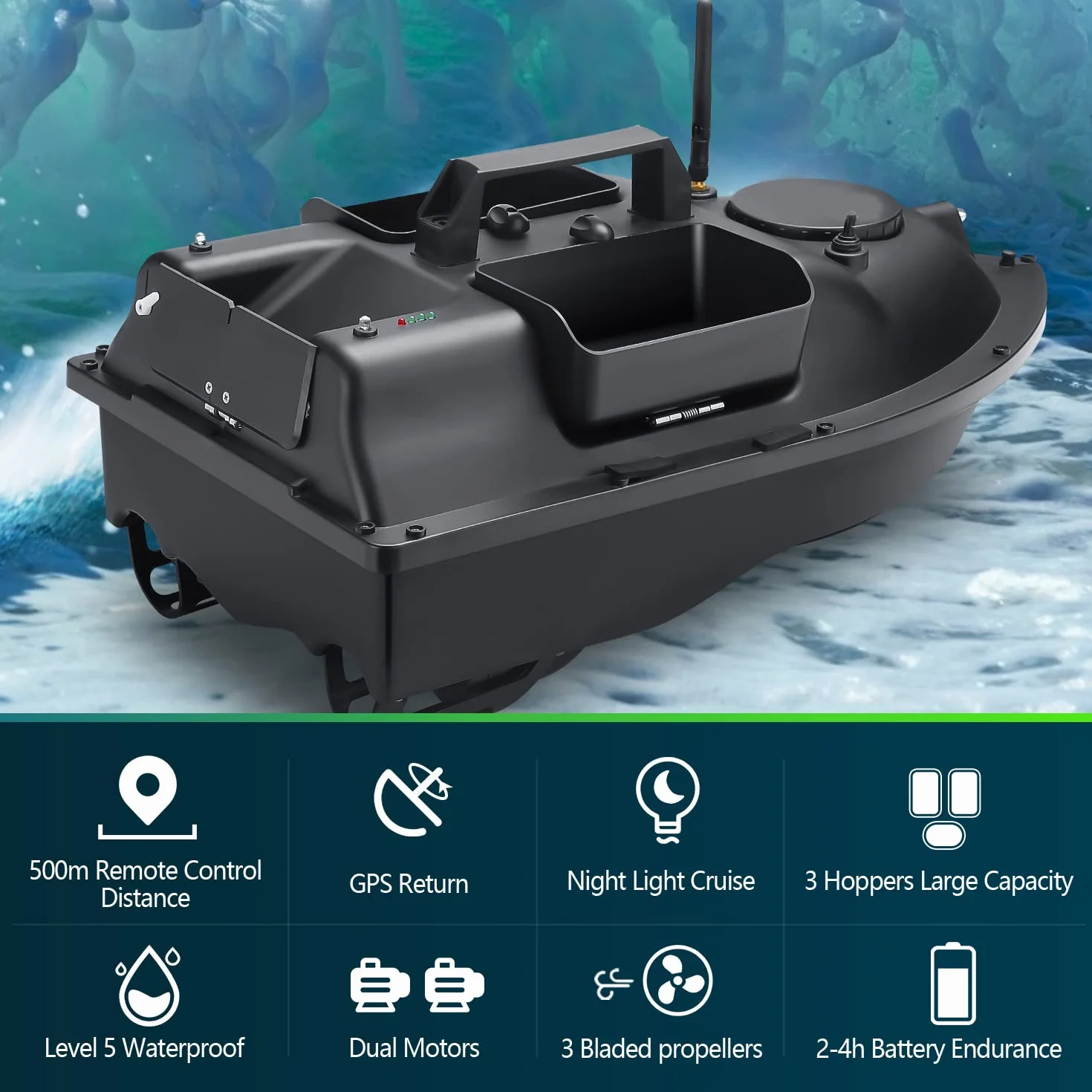 500M GPS Fishing Bait Boat with 3 Catapult Type Bait Hoppers Carp Fishing Bait Boat Carp Hook Post Boat,Fish Finder with Sonar Sensor,Handbag