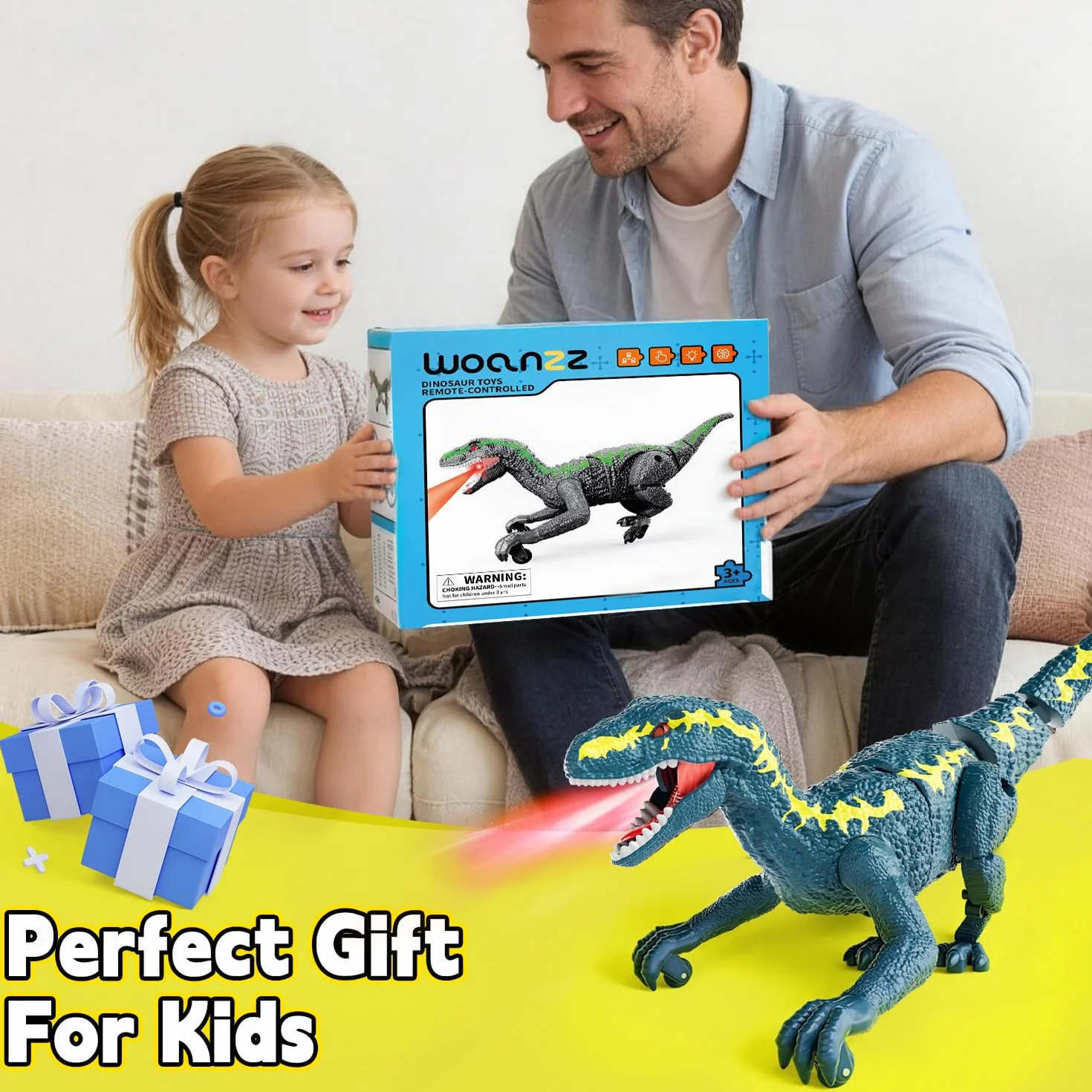 Dinosaurio Teledirigido para Niños 3+, RC Dinosaurio Caminante Recargable 2,4 GHz con Ojos 3D y 3 Sonidos, Juguete Animal Prehistórico Interactivo para Niños y Niñas 3+ (Azul)