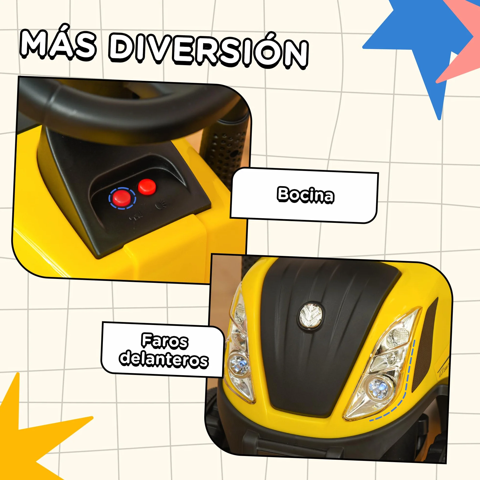 HOMCOM Tractor sin Pedales para Niños de 12-36 Meses con Remolque Extraíble Coche Correpasillos con Bocina Faros Pala Asiento de Suelo 25 cm y Rastrillo Carga 25 kg 91x29x44 cm Amarillo