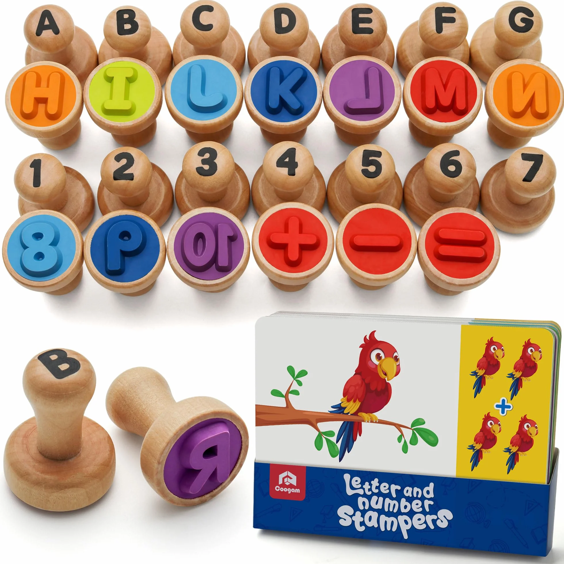 Coogam Tarjetas de Selección de Alfabeto de Madera y Sello Digital, ABC y Aprendizaje de Matemáticas, Arte y Artesanía, Juguetes Montessori Educativos Regalos para 3-5 Años