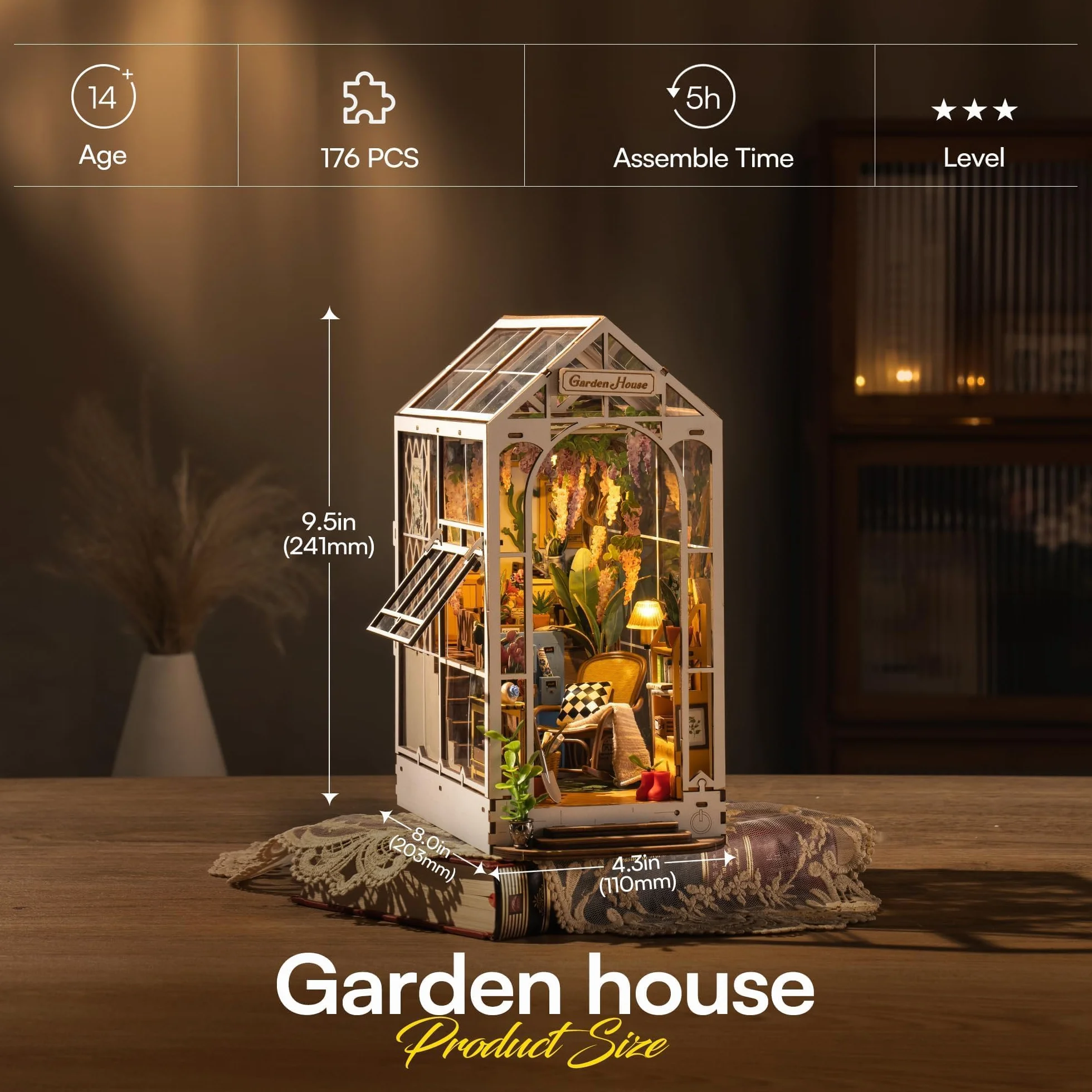 ROBOTIME DIY Book Nook Kit - Casa de muñecas en Miniatura de Madera con Muebles y Luces LED, Decoración del hogar, Regalos navideños