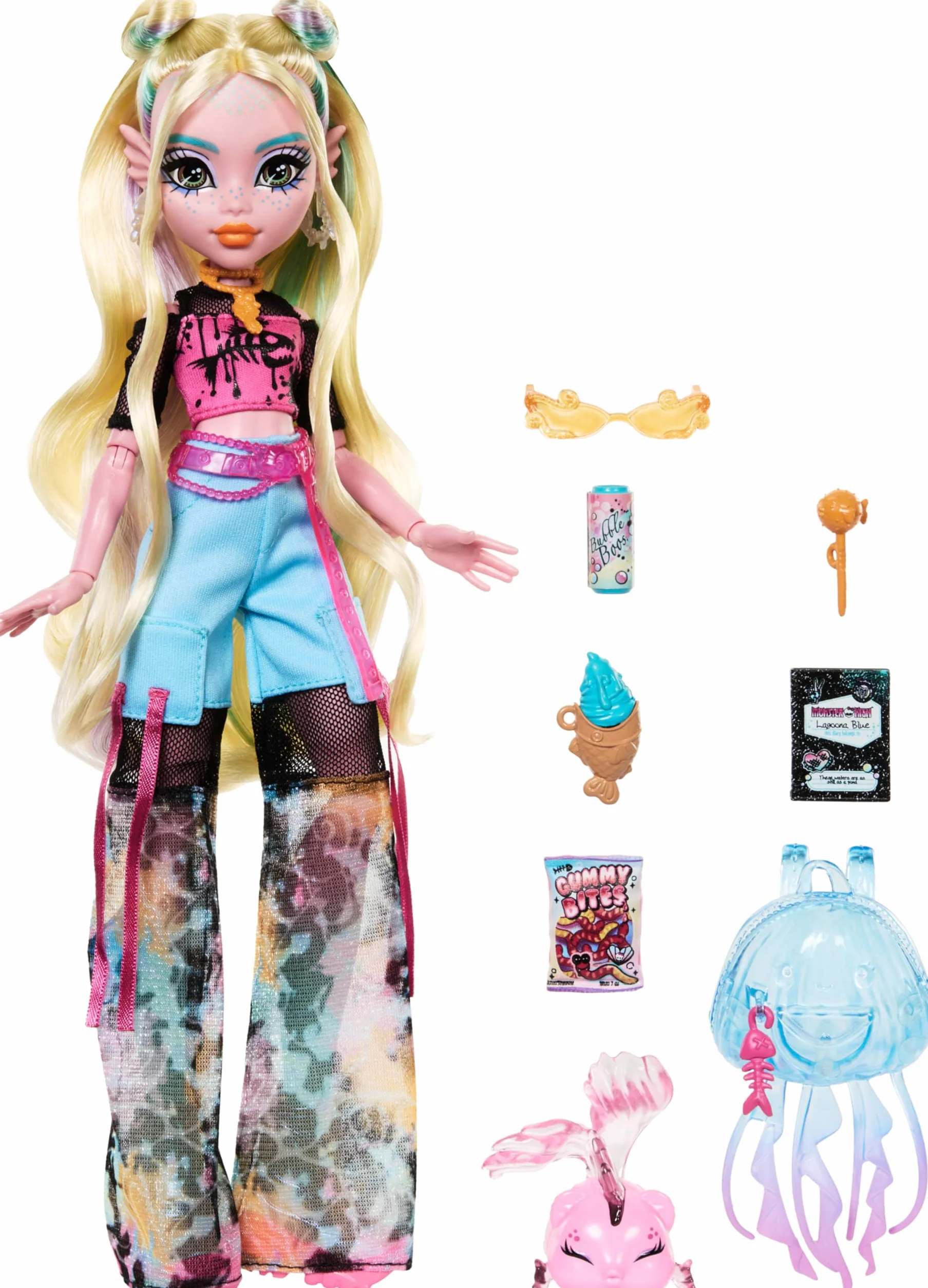 Monster High Lagoona Blue, Muñeca monstruita Marina con Camiseta de Malla y Pantalones Cargo de los años 2000, Incluye Mascota pez Neptuna, Juguete Regalo para niños y niñas +4 años, HXH75