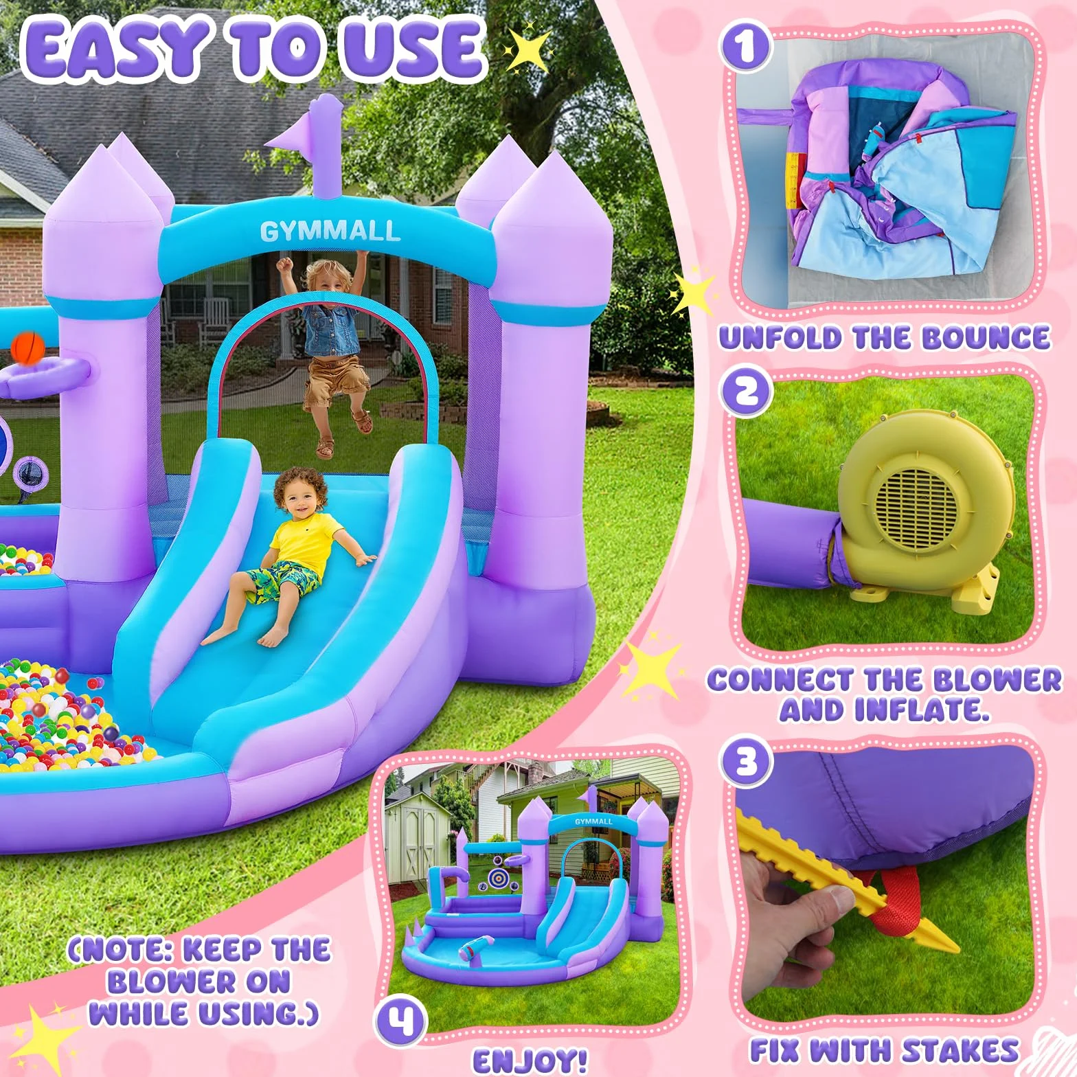 Castillo Inflable para Niños de 3-8 años, Casa de los Sueños Morada con Tobogán de Agua y Soplador de 480W, Gran Castillo Inflable con Zona de Salto, Piscina de Bolas, Alberca
