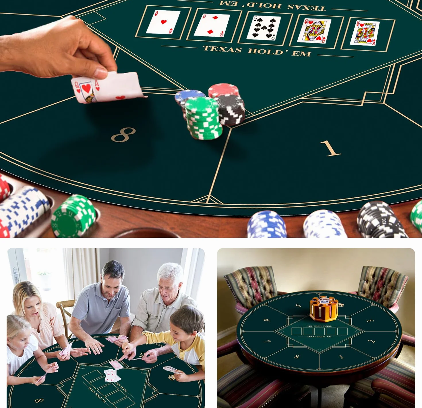 LaiEr Tapete de Póquer Redondo 24/31/39/47/55/63 Pulgadas 6-8 Persona Texas Hold'em Almohadilla de Goma, Mesa Plegable, Tapete de Póquer Portátil, Adecuado para Juegos de Póquer, Blackjack.