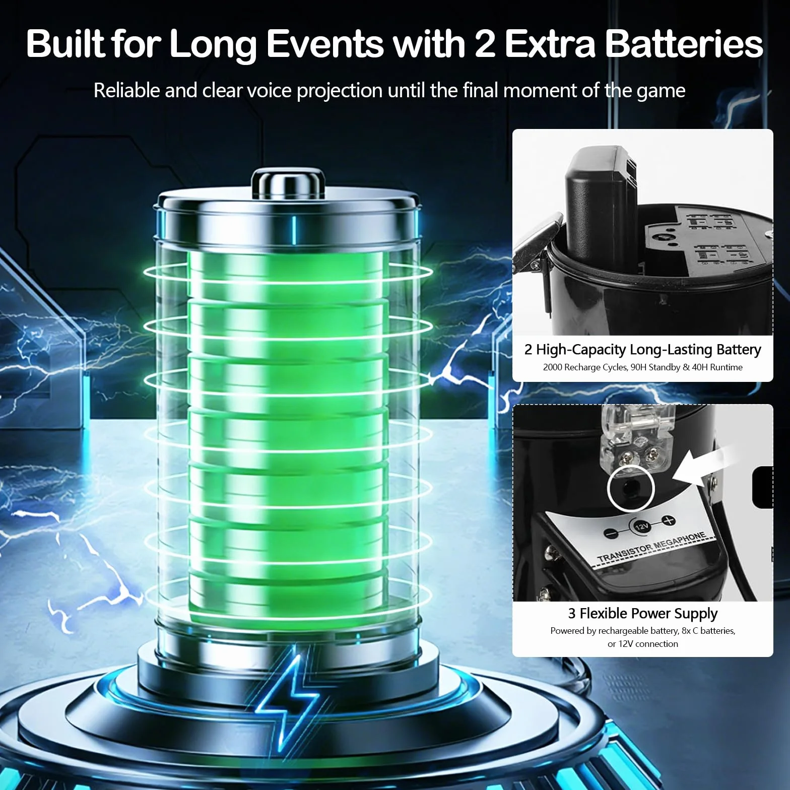 Megáfono 100W Bluetooth con Grabación, Triple Alimentación, 2 Baterías, Alcance 2000m, Sirena, Micrófono Externo, USB, Correa