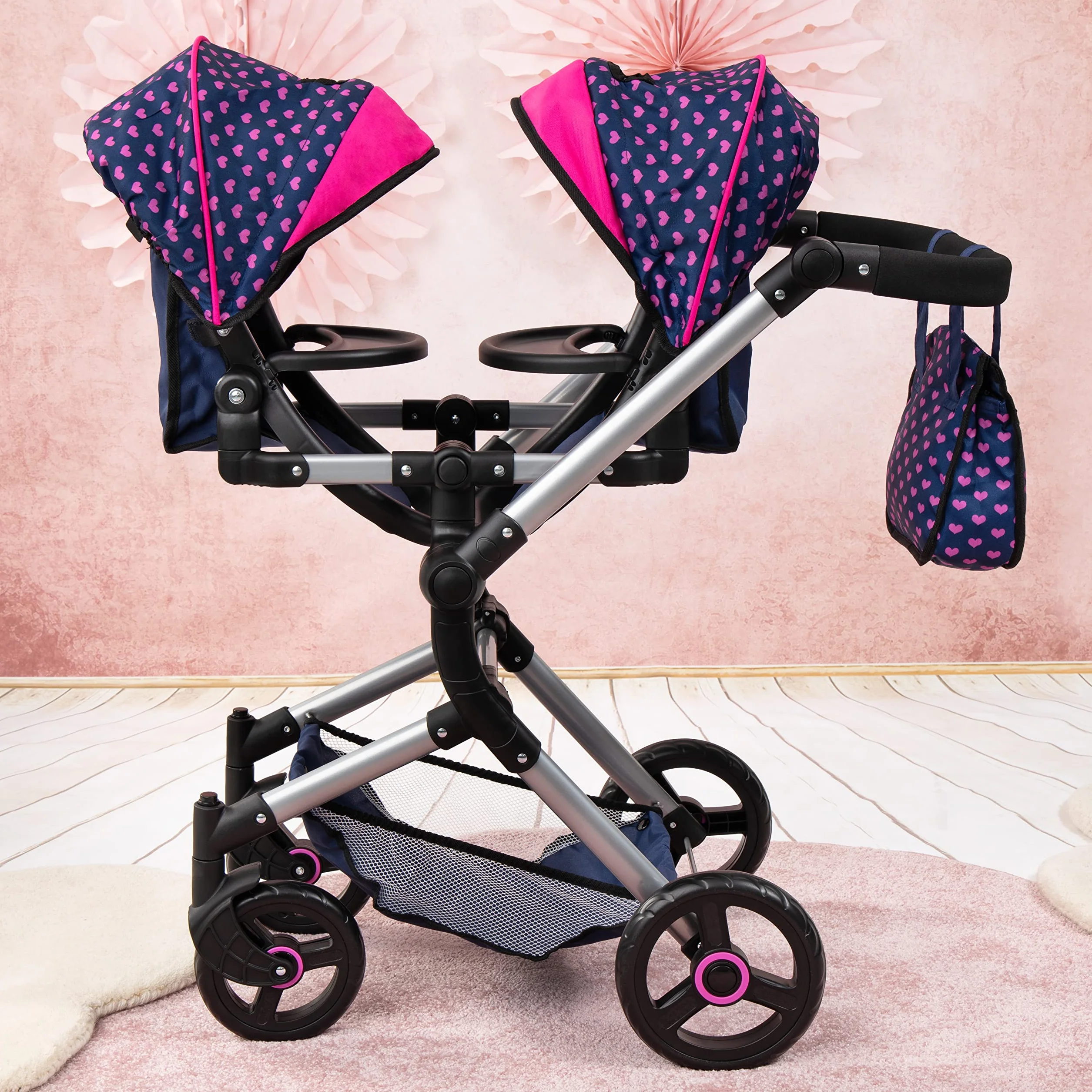 Bayer Design Cochecito de Muñeca Gemelas, Carrito Paseo Ajustable en Altura, Plegable, Azul Unicornio Corazones