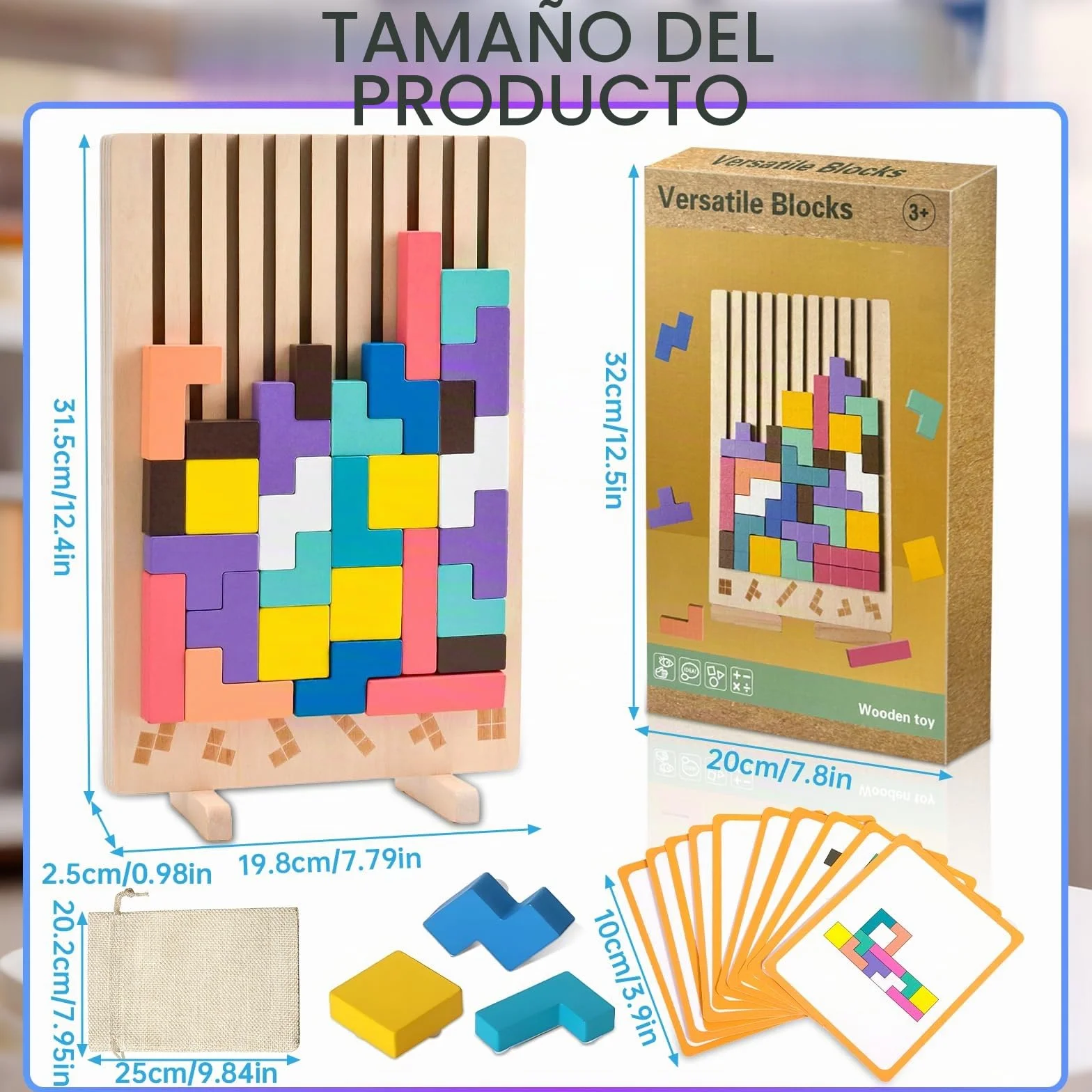 ZLPBAO Puzzle de Madera Tetris con 10 Tarjetas y Bolsa de Almacenamiento, Rompecabezas Niños, Tetris Puzzle 3D Madera,Juguetes Sensoriales, Juegos Montessori 3 4 5 6 Años