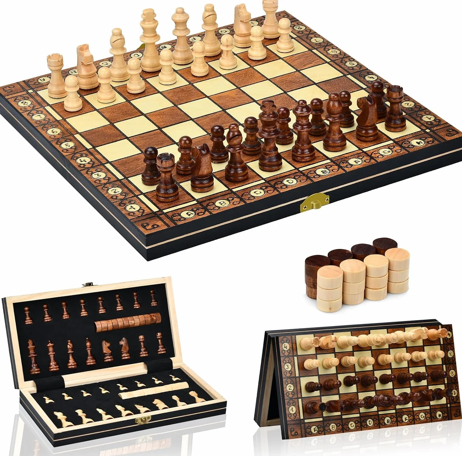Aissom Juego De Ajedrez, 2 En 1 Madera, Ajedrez Magnetico Plegable con Ranuras de Almacenamiento,para Viaje Fiesta Regalos, Ajedrez De Viaje, Juego De Ajedrez para niños (29x29cm)