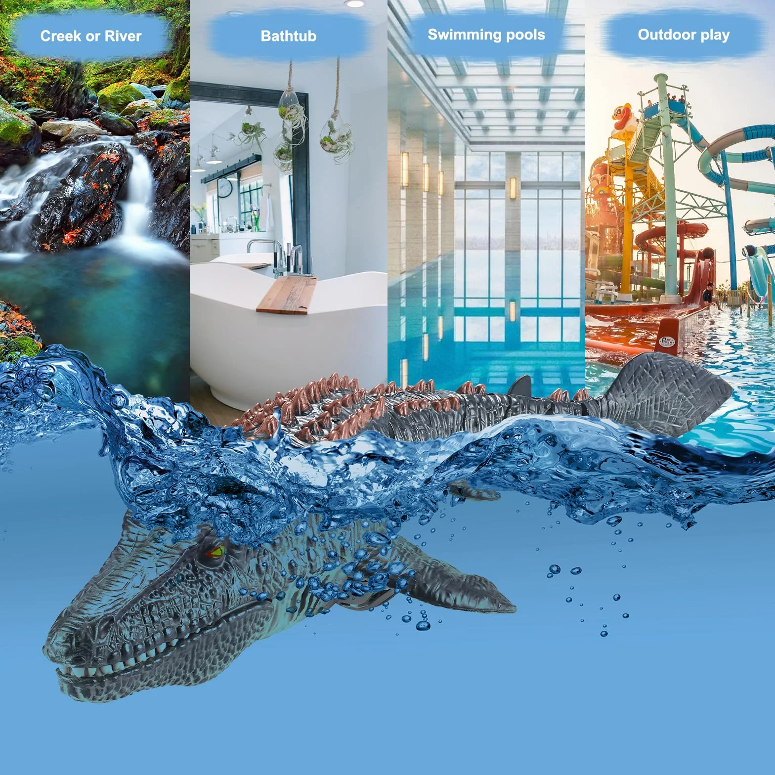 Juguetes Mosasaurus con Control Remoto para niños, Barcos Teledirigido, Barco de Dinosaurio Eléctrico RC con Agua pulverizada y luz para Piscina, Lago, baño, Juguetes de baño (Gris)