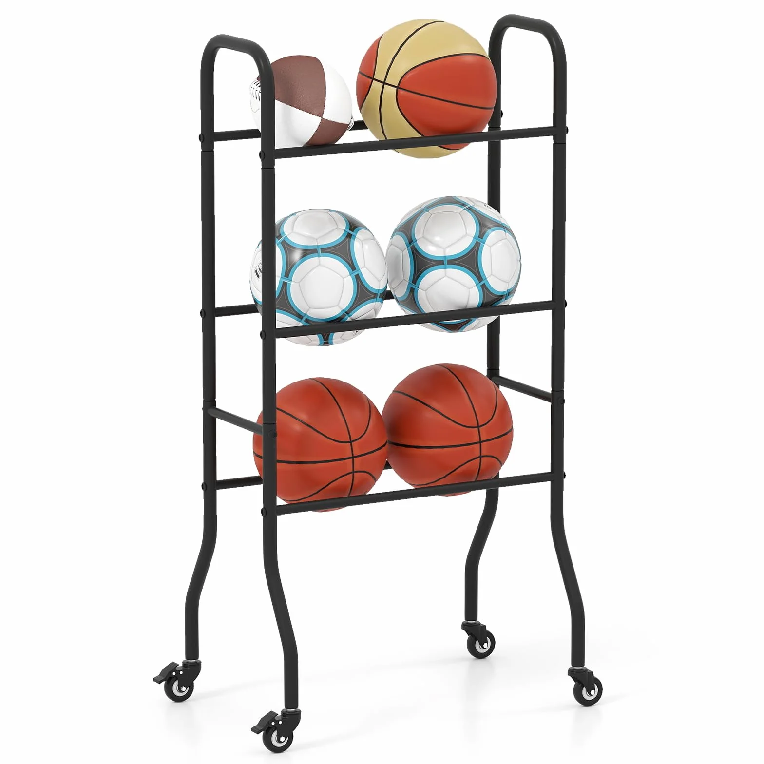 GOPLUS Estantería para Balones con Ruedas Bloqueables, Carro 3 Niveles, Almacenamiento para Baloncesto