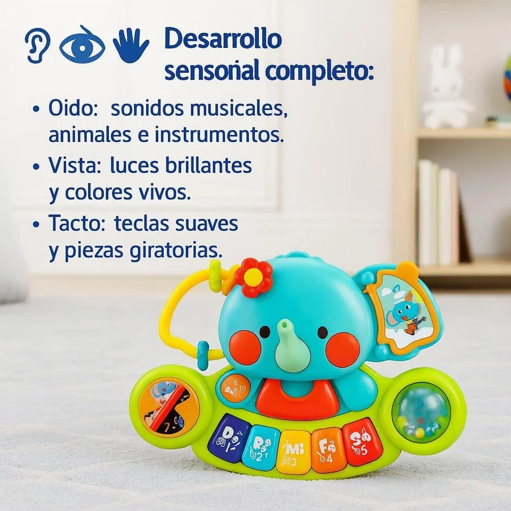 Hola - Piano Infantil de Juguete - con Luces y Sonidos Reales de Instrumentos Musicales - Juego Elefante Musical con Teclado y 7 Actividades - Juguete Sensorial y Educativo - Regalo Bebe +6 Meses