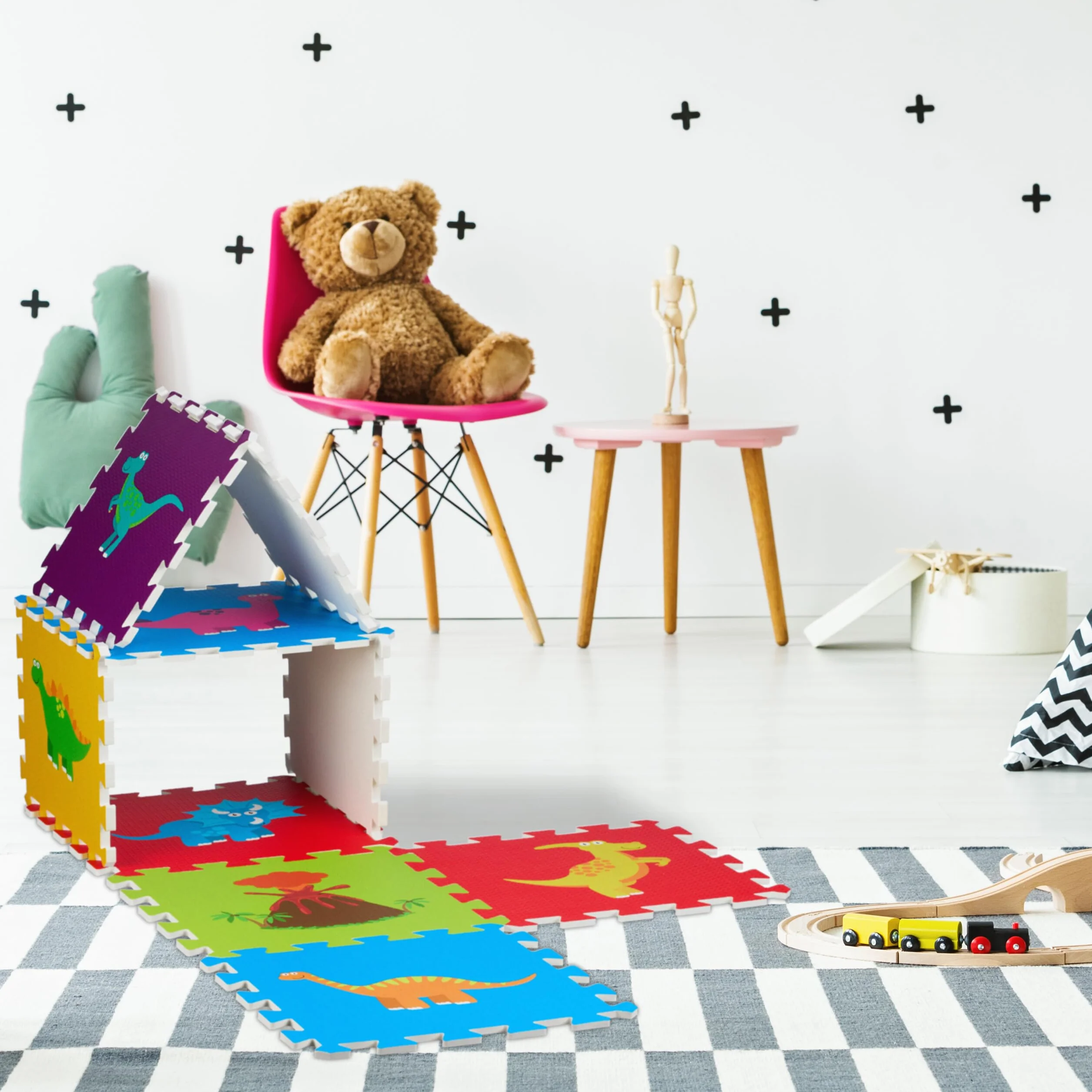 Relaxdays Alfombra Puzzle, Alfombrilla de Juego 3 x 3, Dinosaurios, Esterilla Gateo, Gomaespuma sin BPA, Multicolor, 86x86cm
