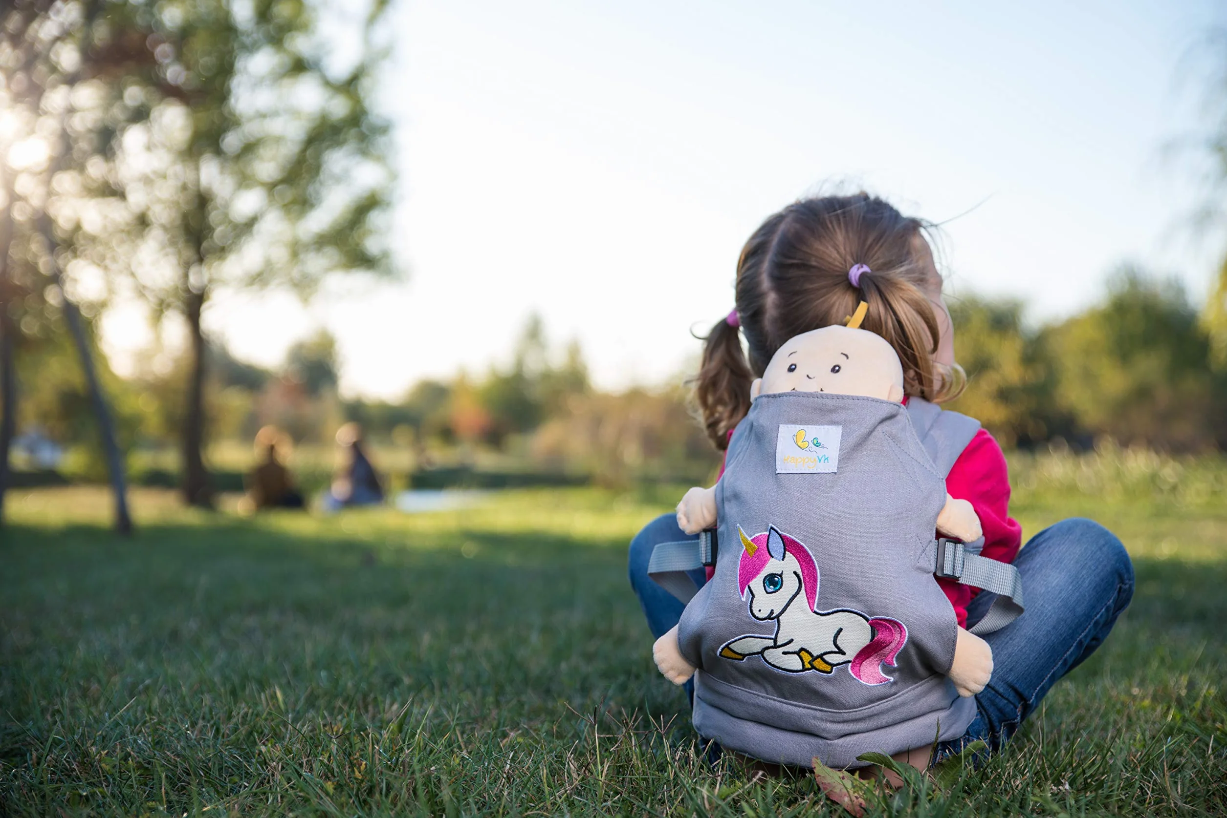 Mochila Portamuñecas para Niños Pequeños, Porta Muñecas Transporte Delantera y Trasera, Gris con Bordado de Unicornio