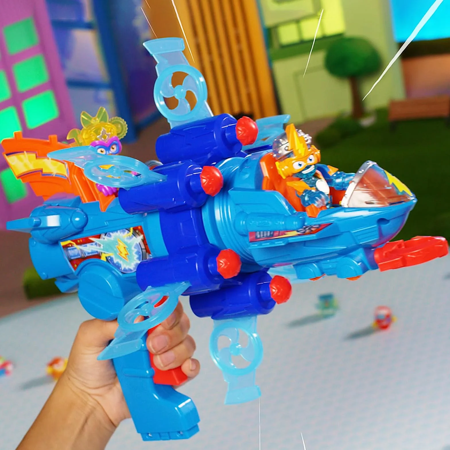 SUPERTHINGS KAZOOM Power – Vehículo Multi-acción de la Serie de TV ''Kazoom Power'', Contiene 1 Blaster Jet, 1 Kid Kazoom Exclusivo y 6 Proyectiles