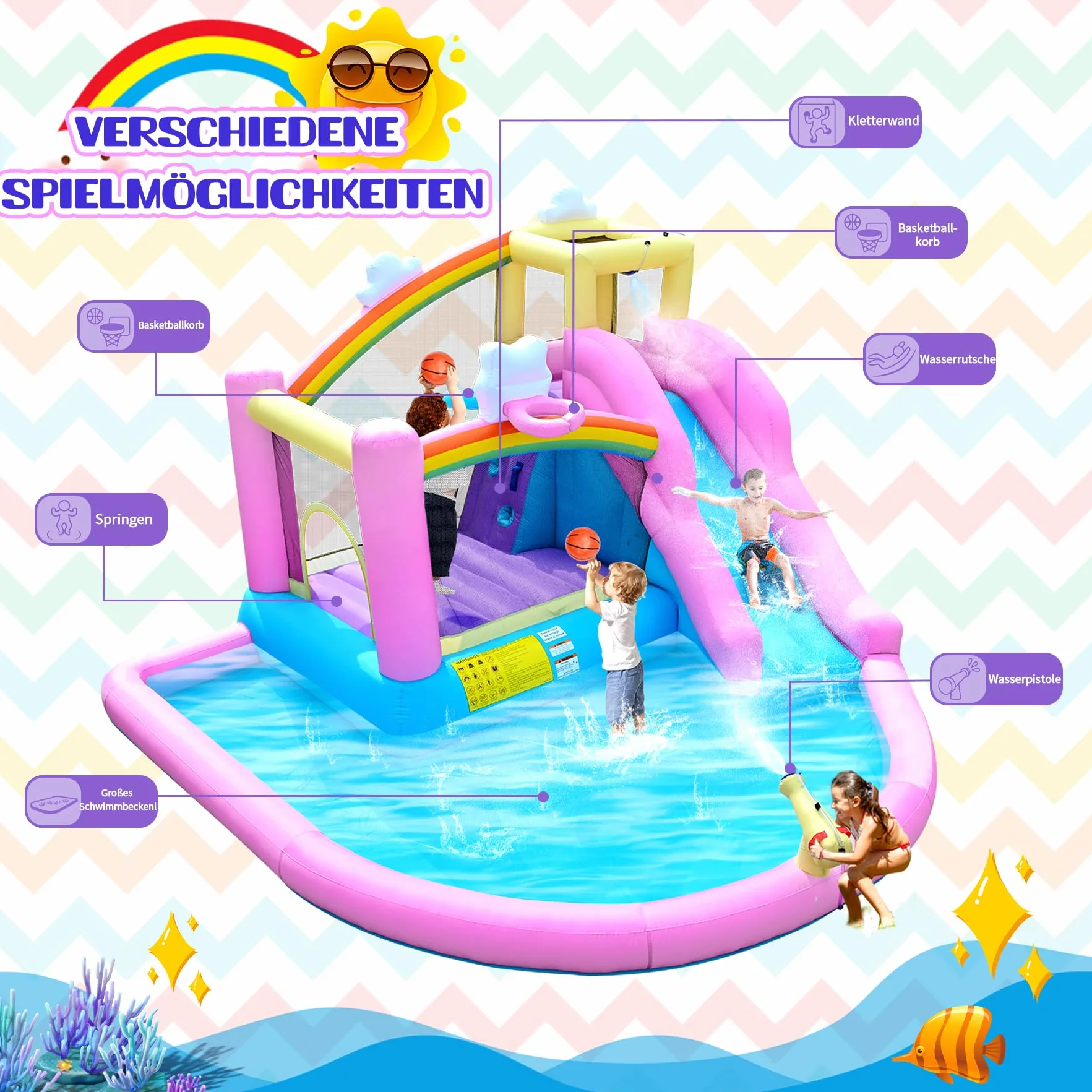 Castillo hinchable hinchable con tobogán de agua, pared de escalada, canasta de baloncesto y piscina infantil, incluye soplador, exterior para niños, ideal para jardín, 365 x 390 x 238 cm