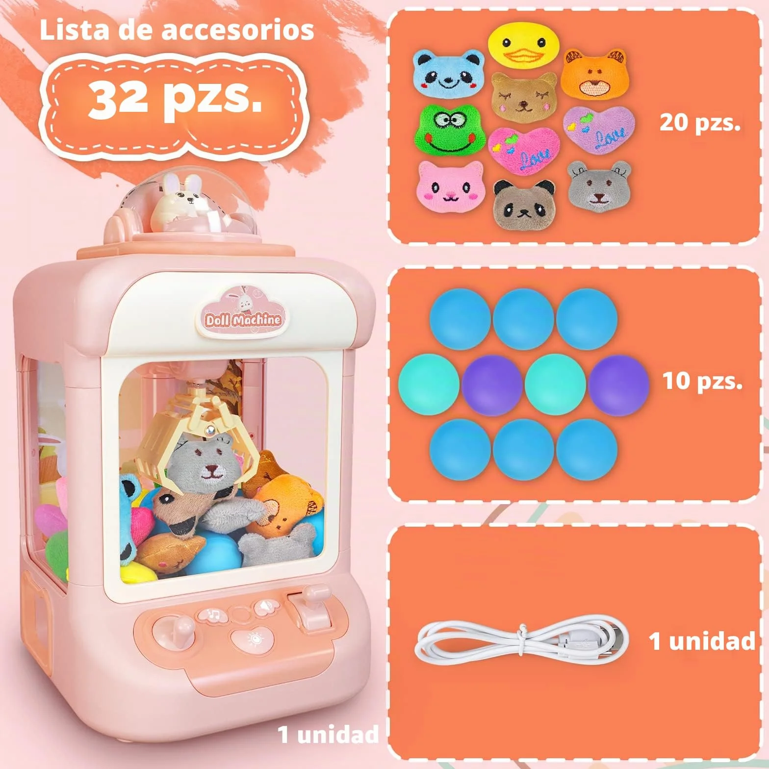 deAO Máquina de Garras Juguete con Música, Incluidy 20 Peluches, 10 Gashapones, Mini Máquina de Garras Buen Regalo para Cumpleaños, Navidad, Fiestas, Juego de Fiesta