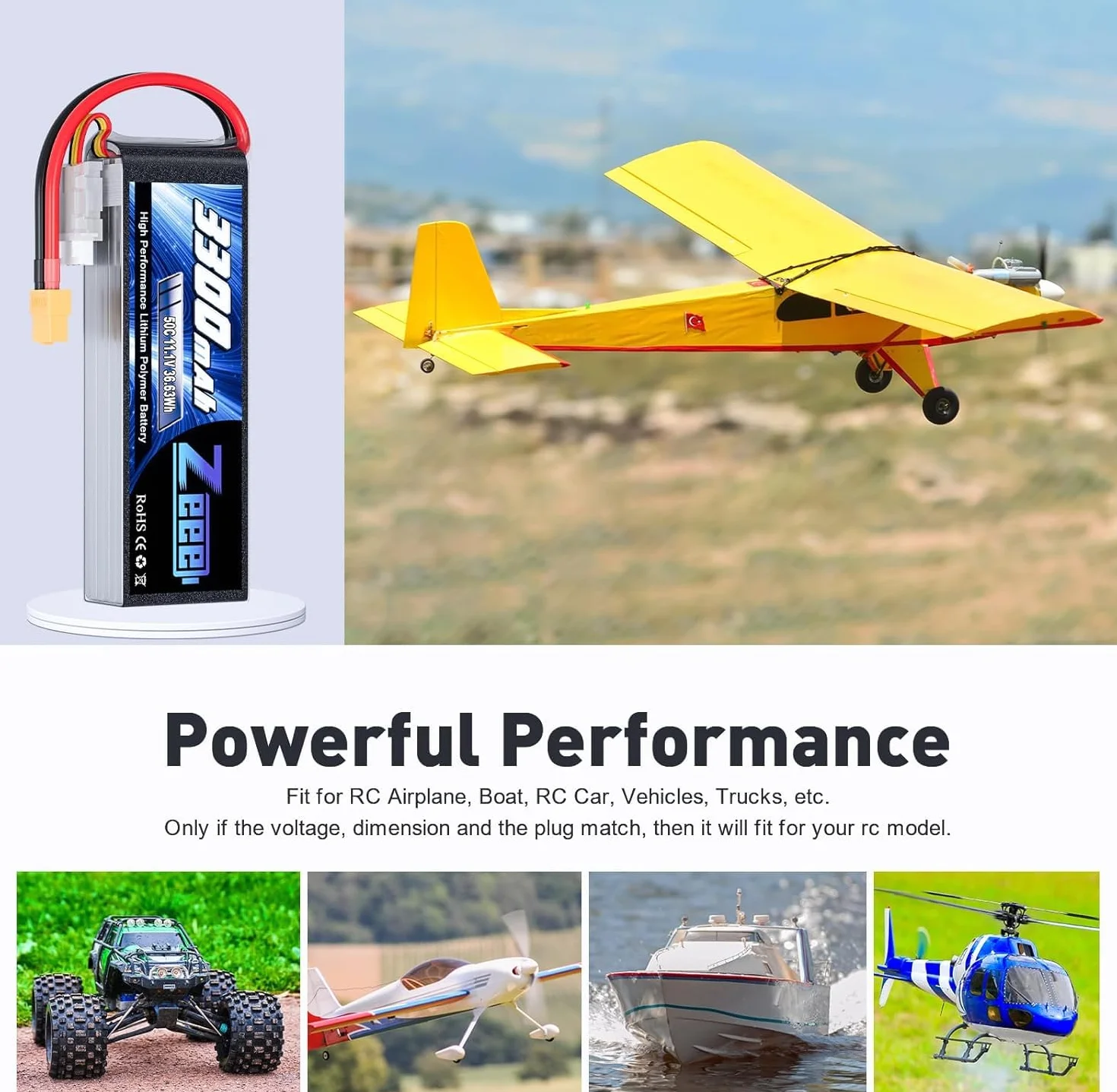 Zeee 3S Lipo 3300mAh 11,1V 50C Batería RC con Conector XT60 para Coche RC, avión RC, helicóptero RC, pasatiempo RC (2 Piezas)