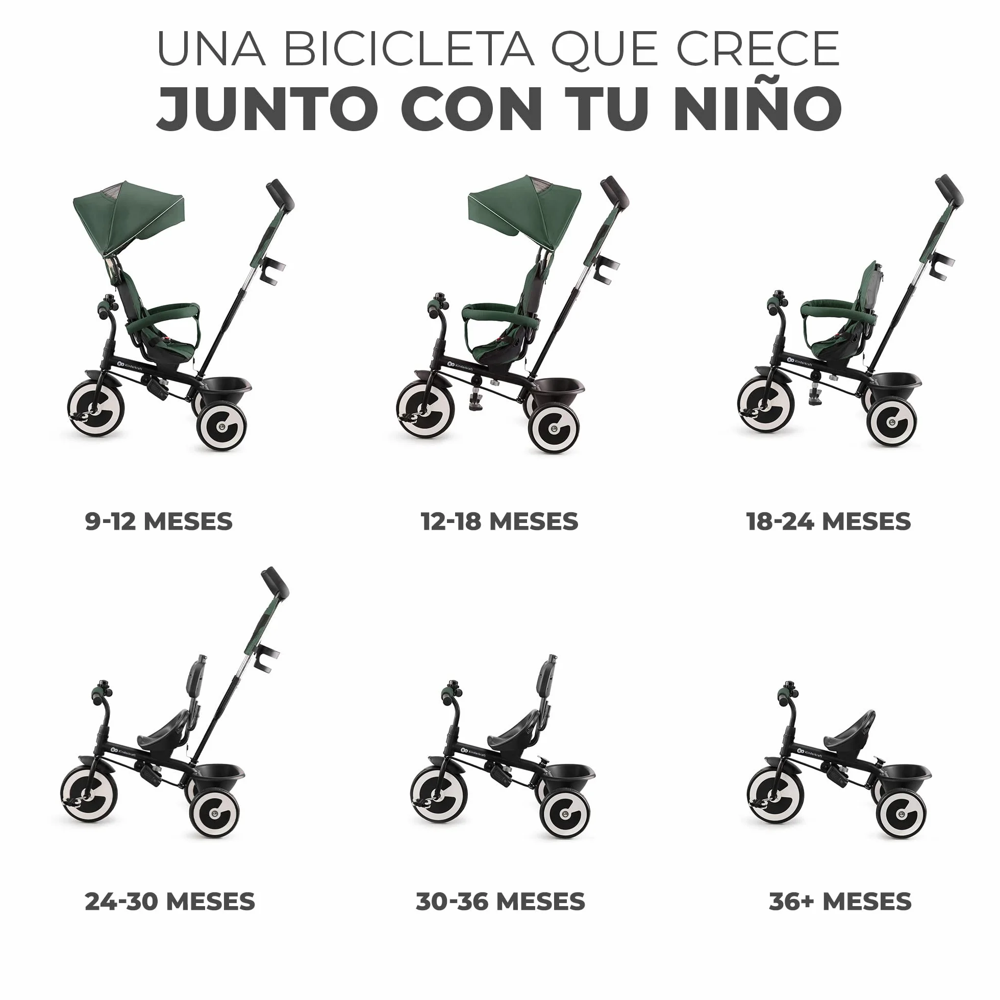Kinderkraft Aston Triciclo Evolutivo, Bicicleta Sin Pedales, Bicicleta Bebe, para Niños, Cinturón, con Accesorios, Portavasos, Cesta, 9 Meses a 25 kg, Verde