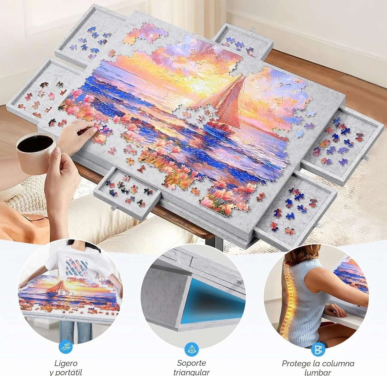 Tablero para Puzzle Inclinable de 1000 Piezas con 6 Cajones y Cubierta Coloridos - Tablero para Puzzle de Fieltro Ligera y Portátil