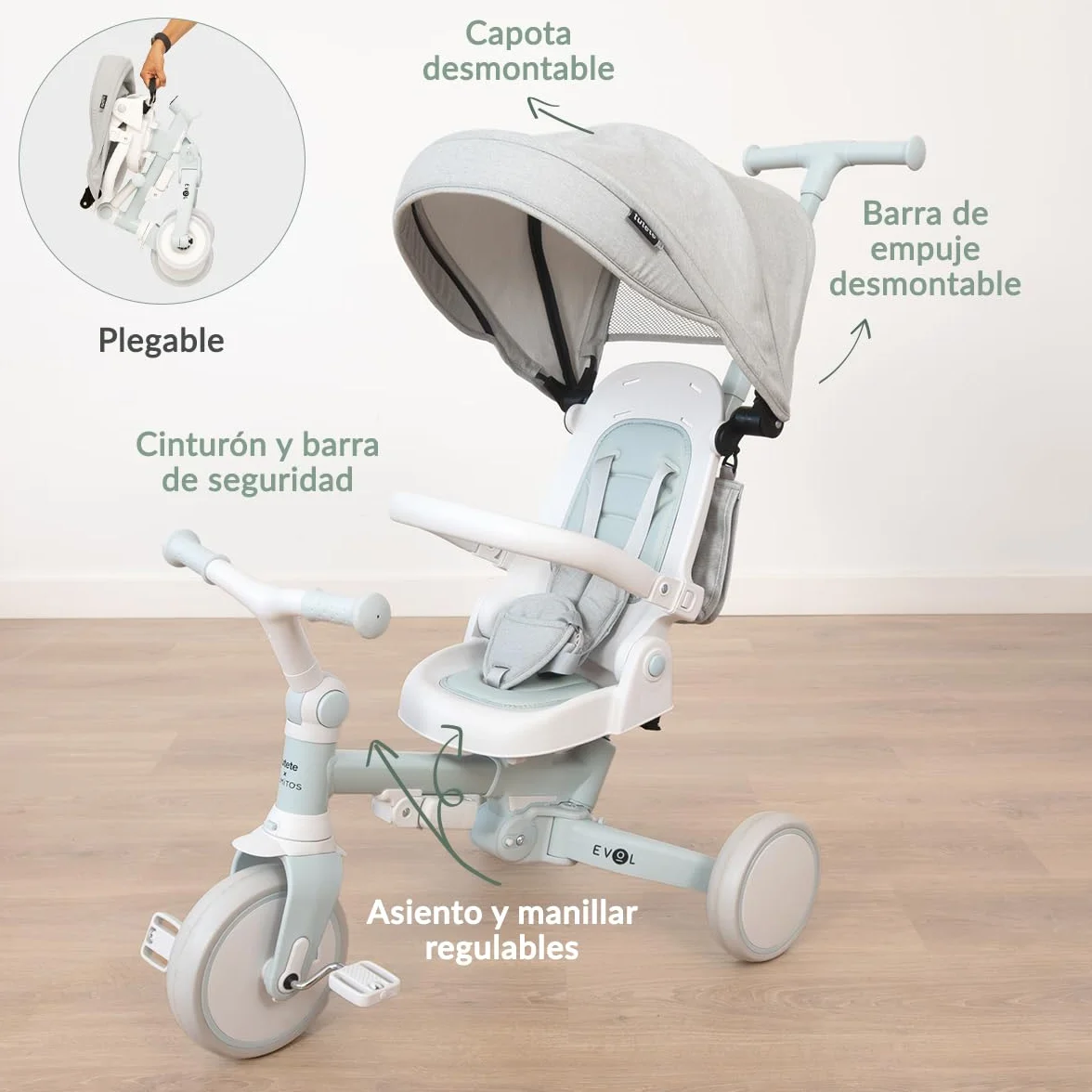 Triciclo Evolutivo 5 en 1 Olmitos by Tutete para Bebés y Niños 12 Meses a 6 Años | Convertible en Bicicleta con o sin Pedales | Mango de Empuje, Cinturón 5 Puntos, Capota y Plegado Compacto