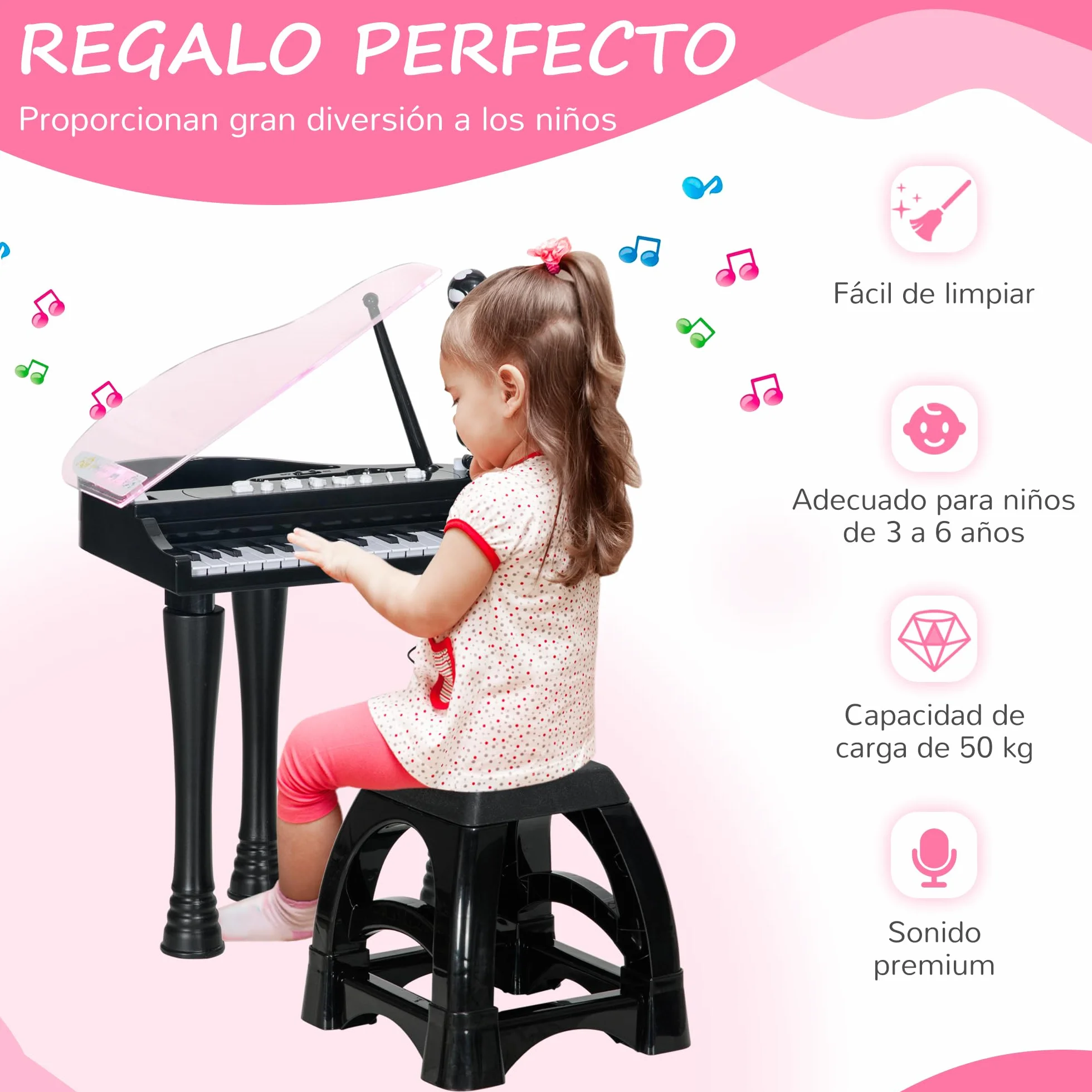 AIYAPLAY Piano Electrónico Infantil de 32 Teclas Juego de Piano con Micrófono Taburete Luces 22 Canciones 4 Sonidos Patas Desmontables y Volumen Ajustable 37x30,5x60,4 cm Negro
