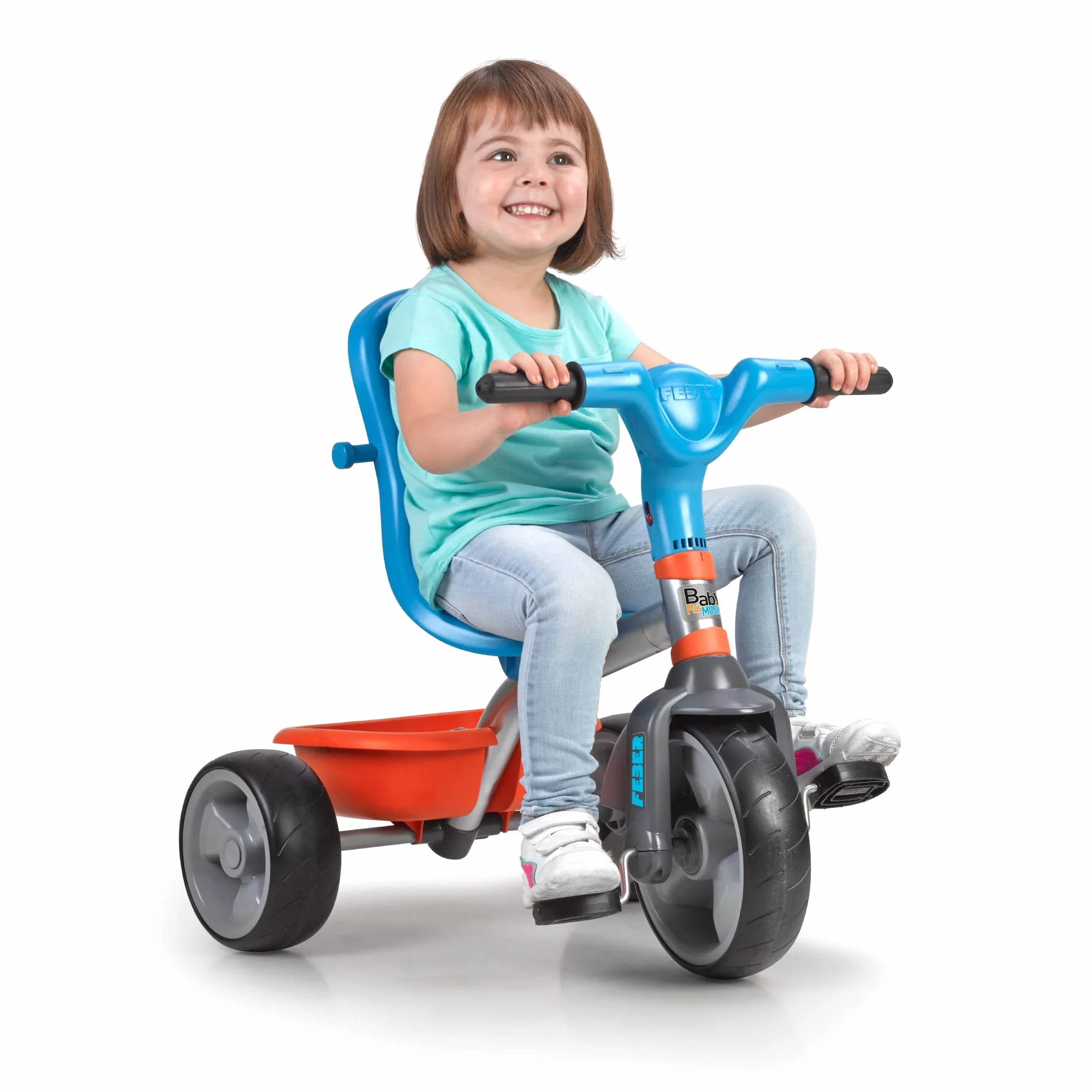 FEBER - Baby Plus Music, Triciclo para Niños con Estructura Metálica y Cinturón de Seguridad, 2 Posiciones, Silla de Empuje y Mando para Música con Altavoz, 9 Meses+, Azul, Famosa (800012100)