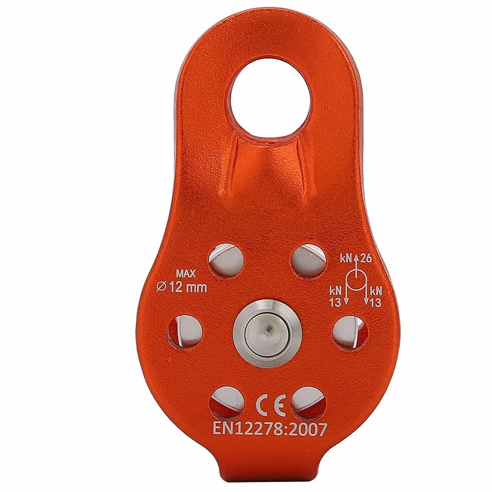 Polea de Escalada 26 KN Bloque de Polea de Cuerdas de Aluminio Mini Rescate Simple para Cuerdas de 12mm (Naranja)