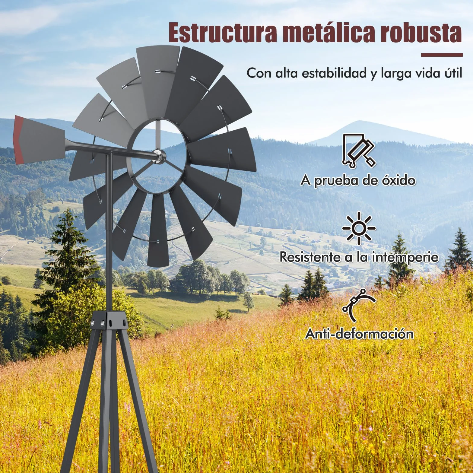 COSTWAY Molino de Viento Jardin de 253cm, Rueda de Viento con Rodamiento de Bolas, Molinillo de Viento de Metal Patio, Jardín, Granja, 4 Estacas Incluidas (Gris)