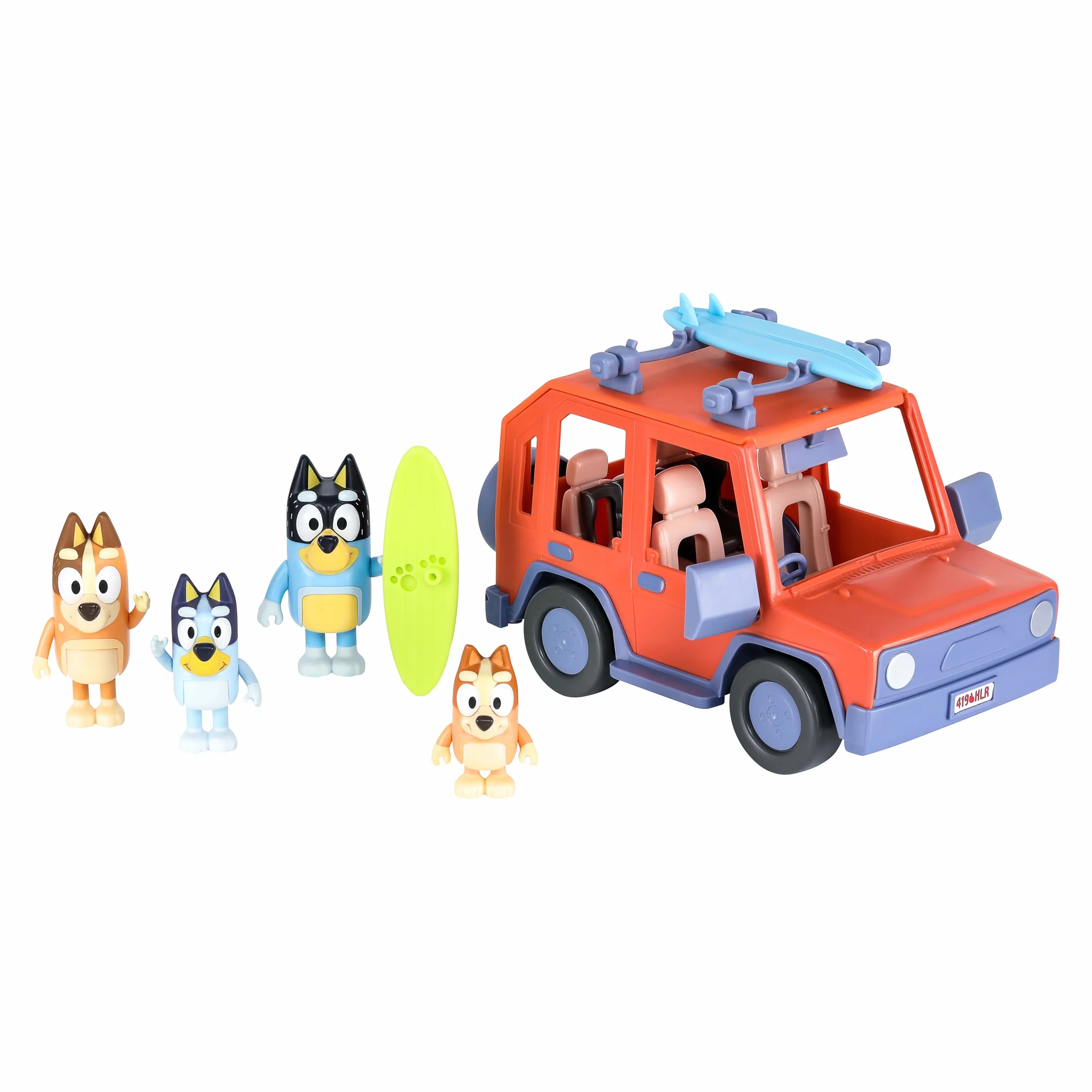 Bluey Pack del Todoterreno Familiar de los Heeler y 4 Figuras, Figuras de 6,3 cm, 2 Tablas de Surf y Pegatinas