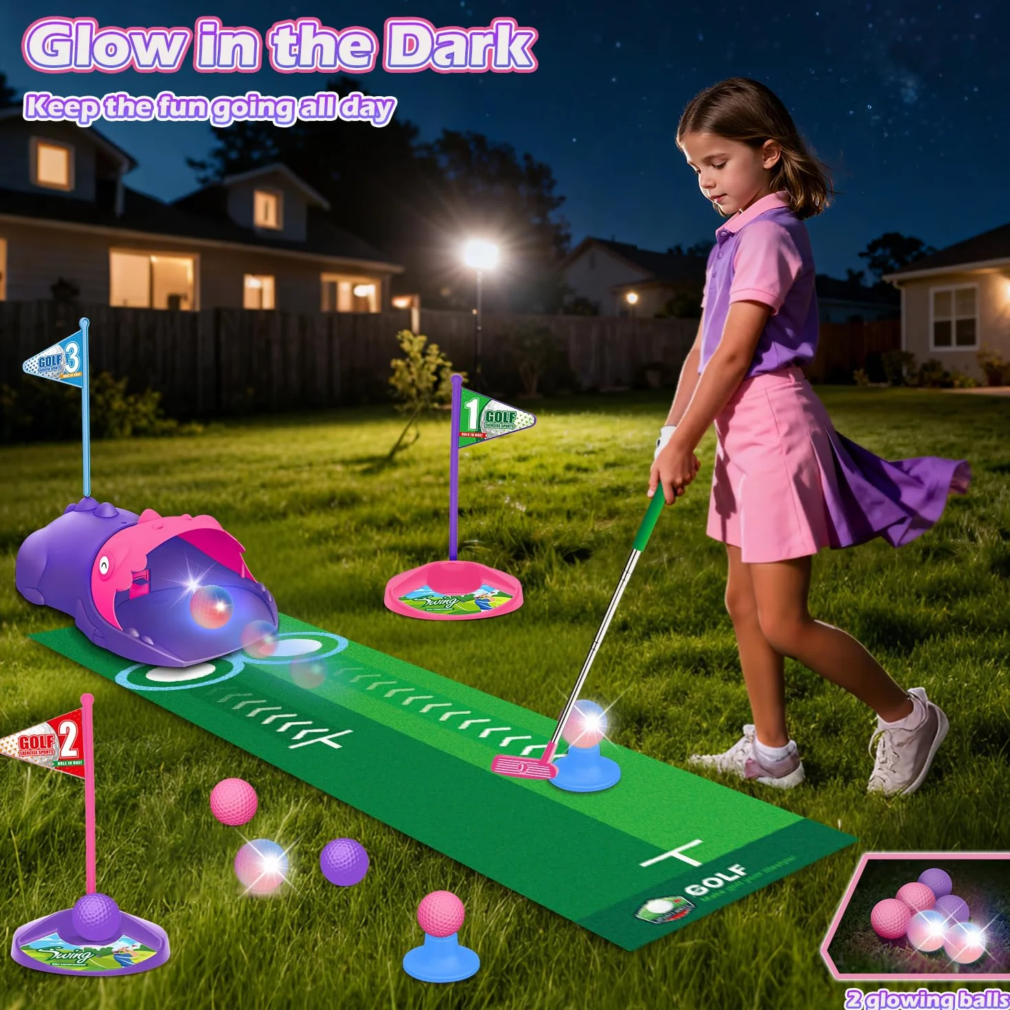 Set de Golf para Niños Devolvedor Automático de Bolas Dinosaurio, Pelotas de Golf Luminosas con LED, 3 Palos, Juegos de Golf para Niñas de 3 a 8 Años, Juguetes Deportivos Interior Exterior (Rosa)