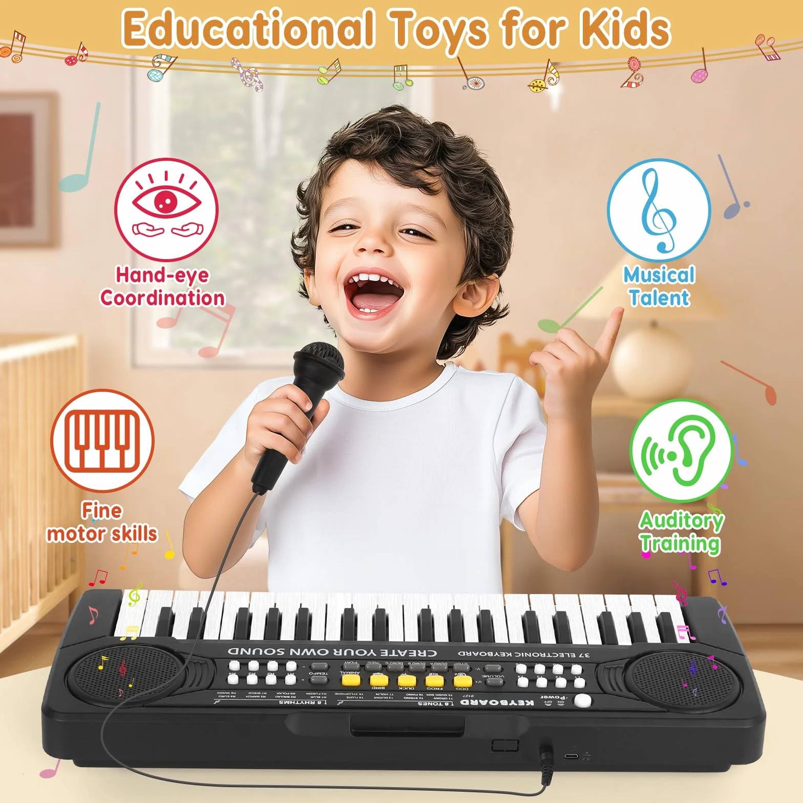 Teclado Electrónico Piano 37 Teclas,Teclado de Piano Portátil para niños con Fuente de Alimentación, Música Digital ,Educativa Regalo para Niños/Principiante Negro