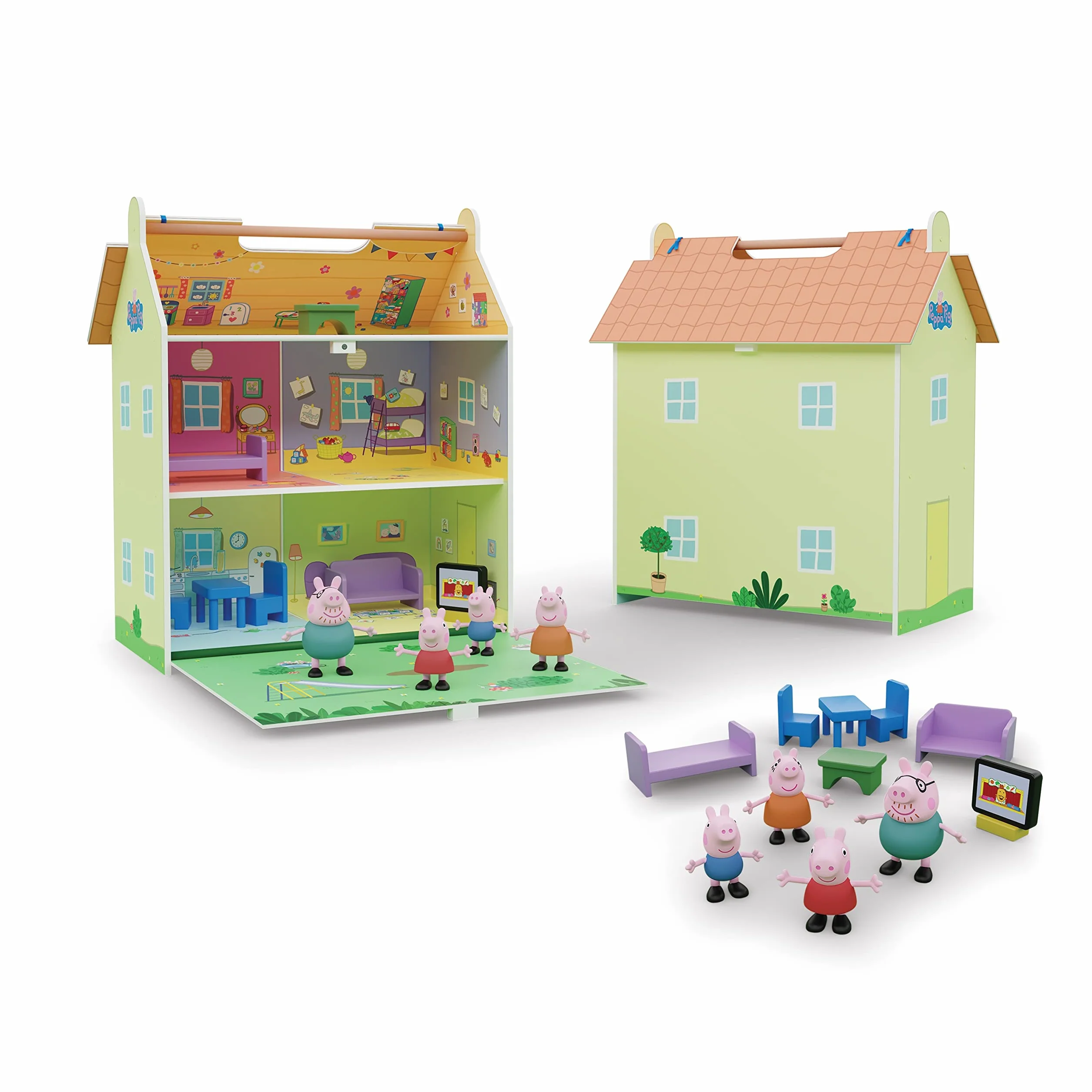 Peppa Pig Casita de Madera 2 Pisos con Buhardilla y Jardín 39x34,5x18 cm 7 Accesorios 4 Personajes
